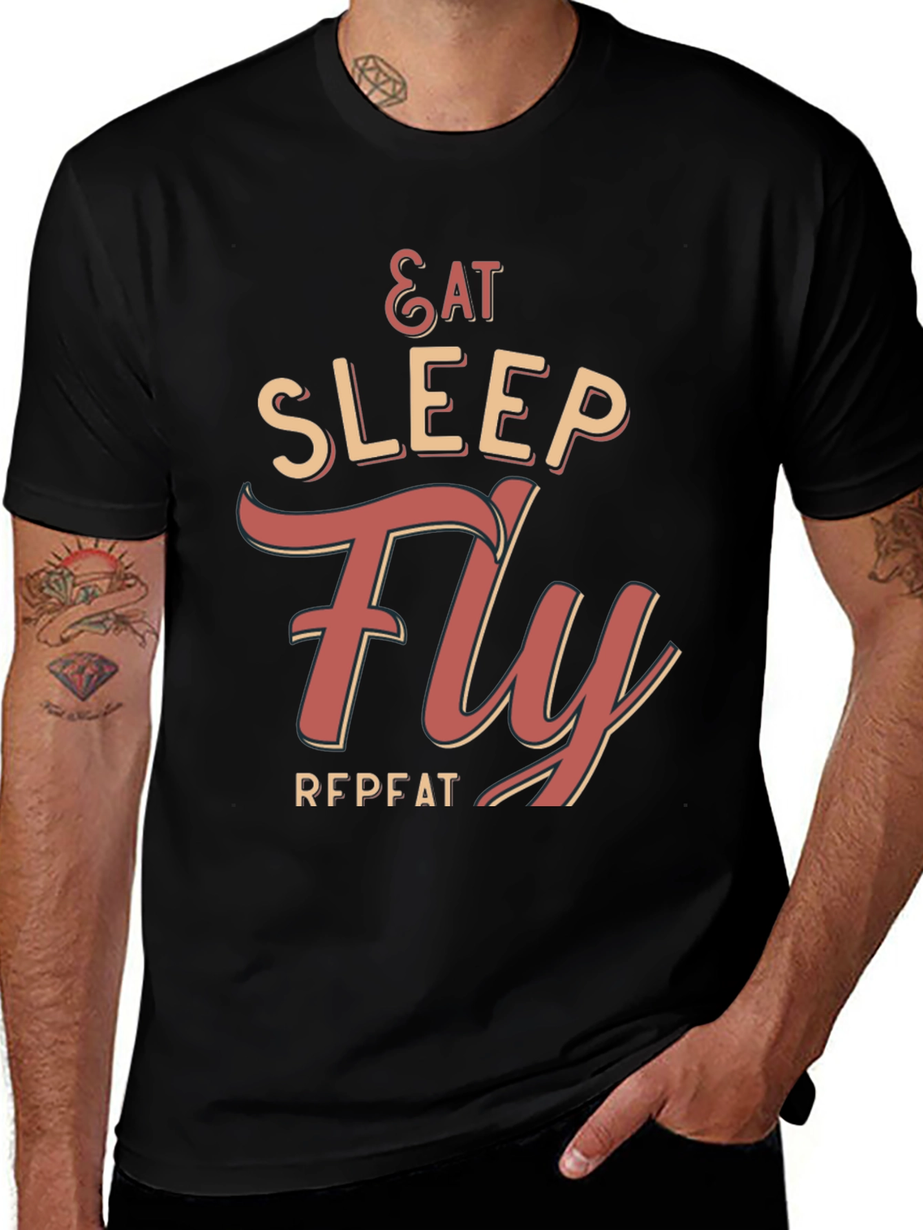 Variant 27 of Eat Sleep Fly Repeat Black Graphic Tee