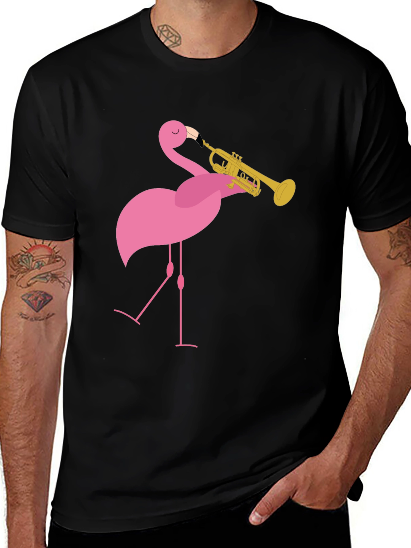 Variant 15 of Funny Flamingo Trumpet Player Black T-Shirt