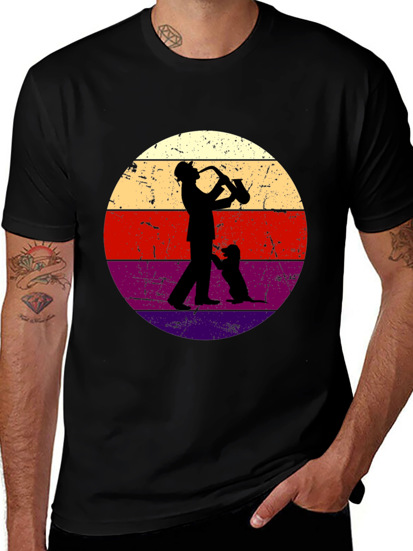 Black Saxophone Player & Dog Retro Graphic Tee main image