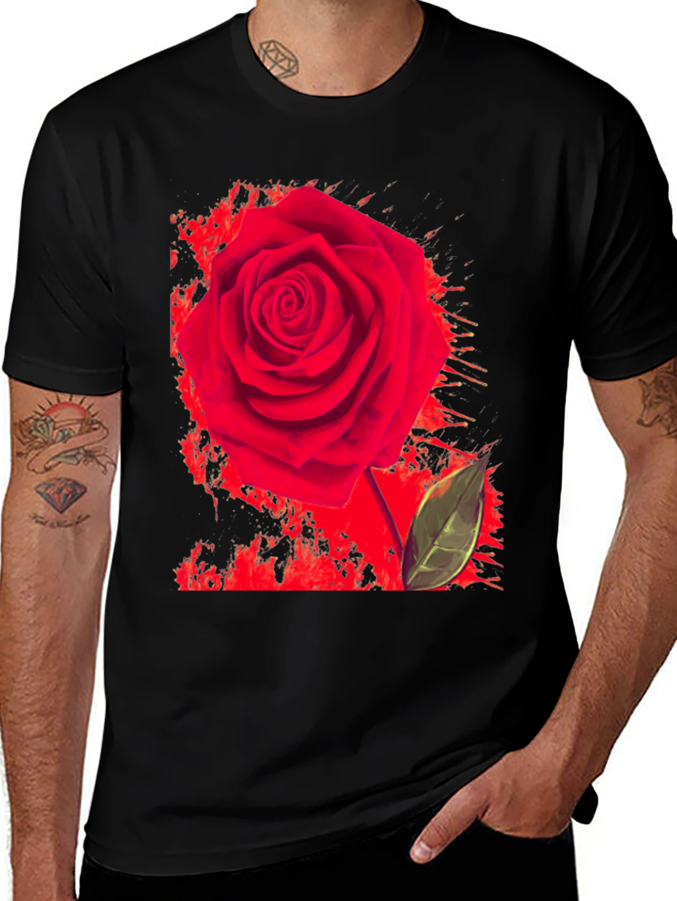 Variant 28 of Red Rose Graphic Print T-Shirt - Casual Black Tee