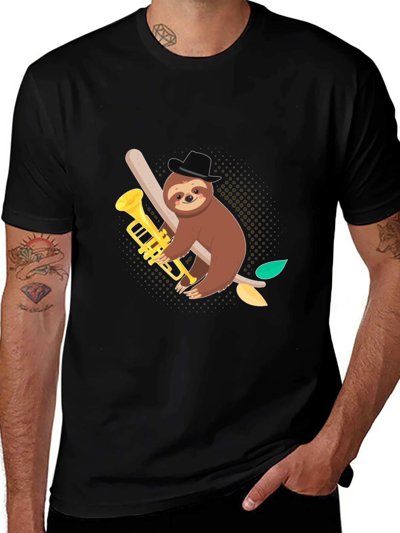 Variant 29 of Sloth Trumpet Player Black Graphic Tee