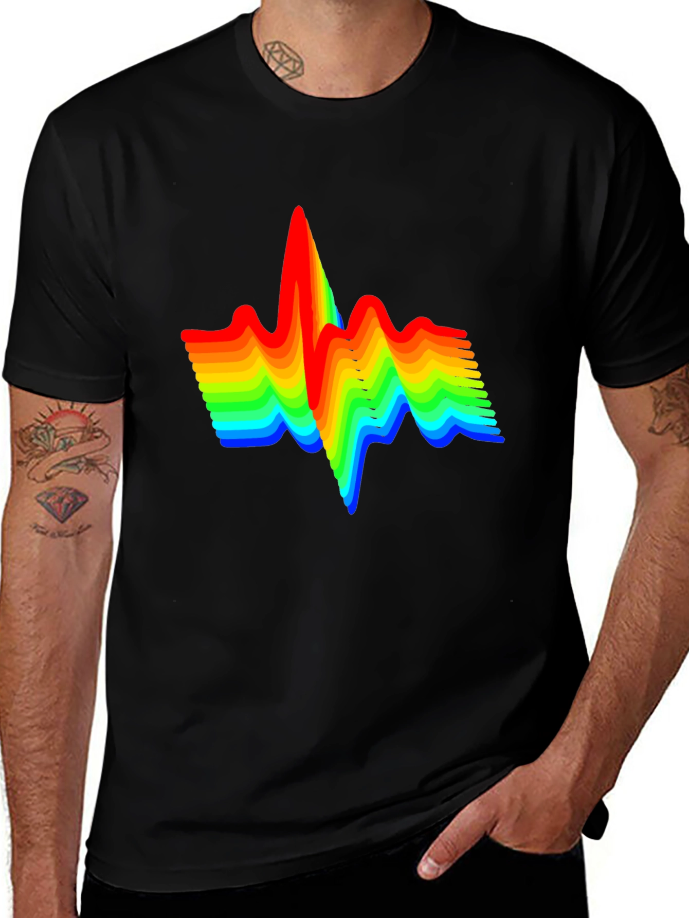 Variant 16 of Rainbow Heartbeat Graphic Tee - Stylish Black T-Shirt