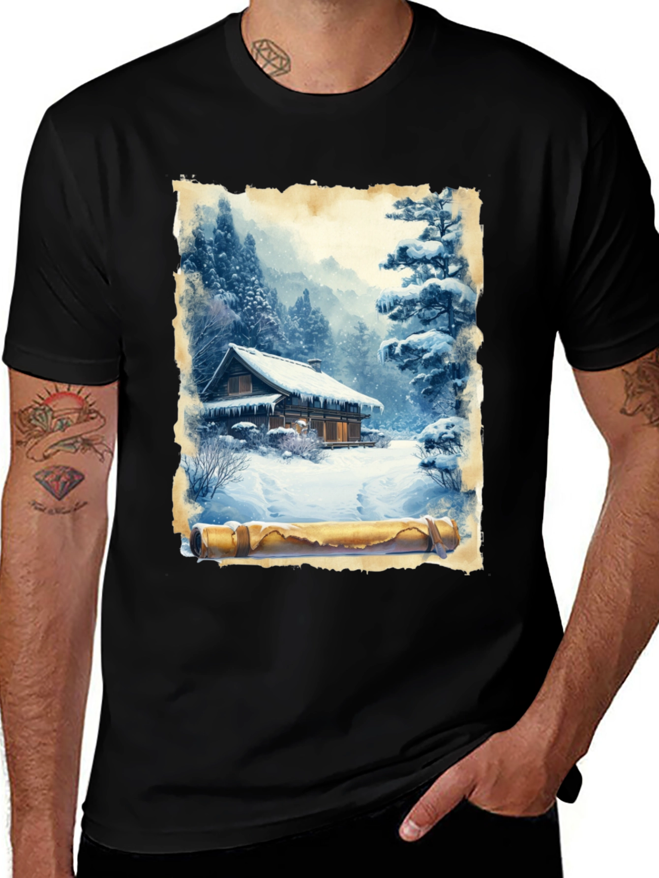 Variant 13 of Winter Cabin Scroll Graphic T-Shirt