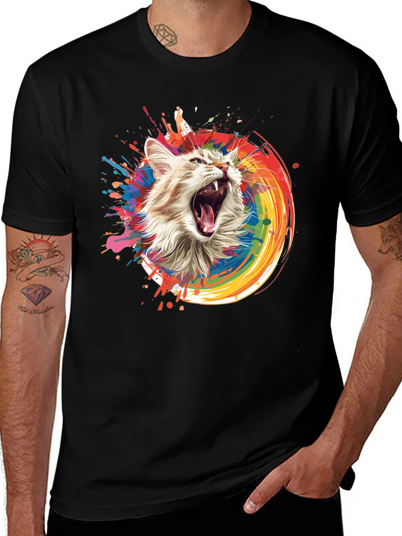 Variant 12 of Cat Yawn Rainbow Splatter Graphic Tee