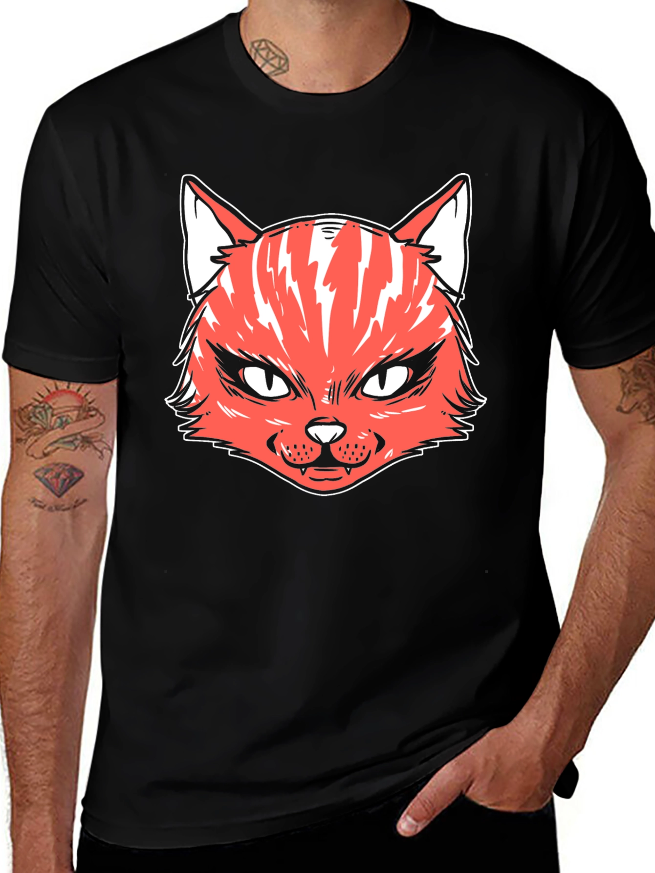 Variant 9 of Edgy Cat Graphic Tee - Black Cotton T-Shirt