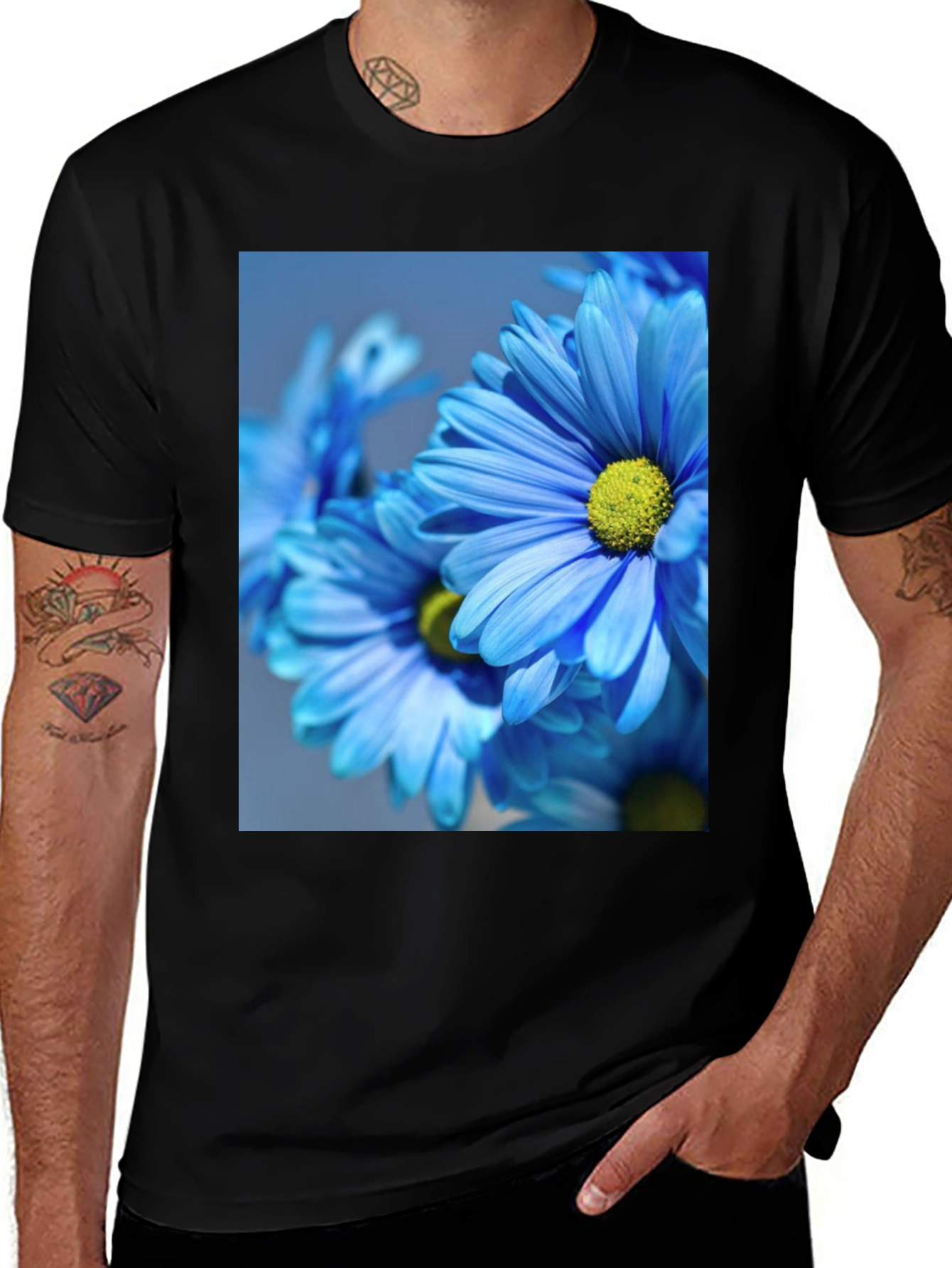 Variant 25 of Floral Black T-Shirt: Blue Daisy Design
