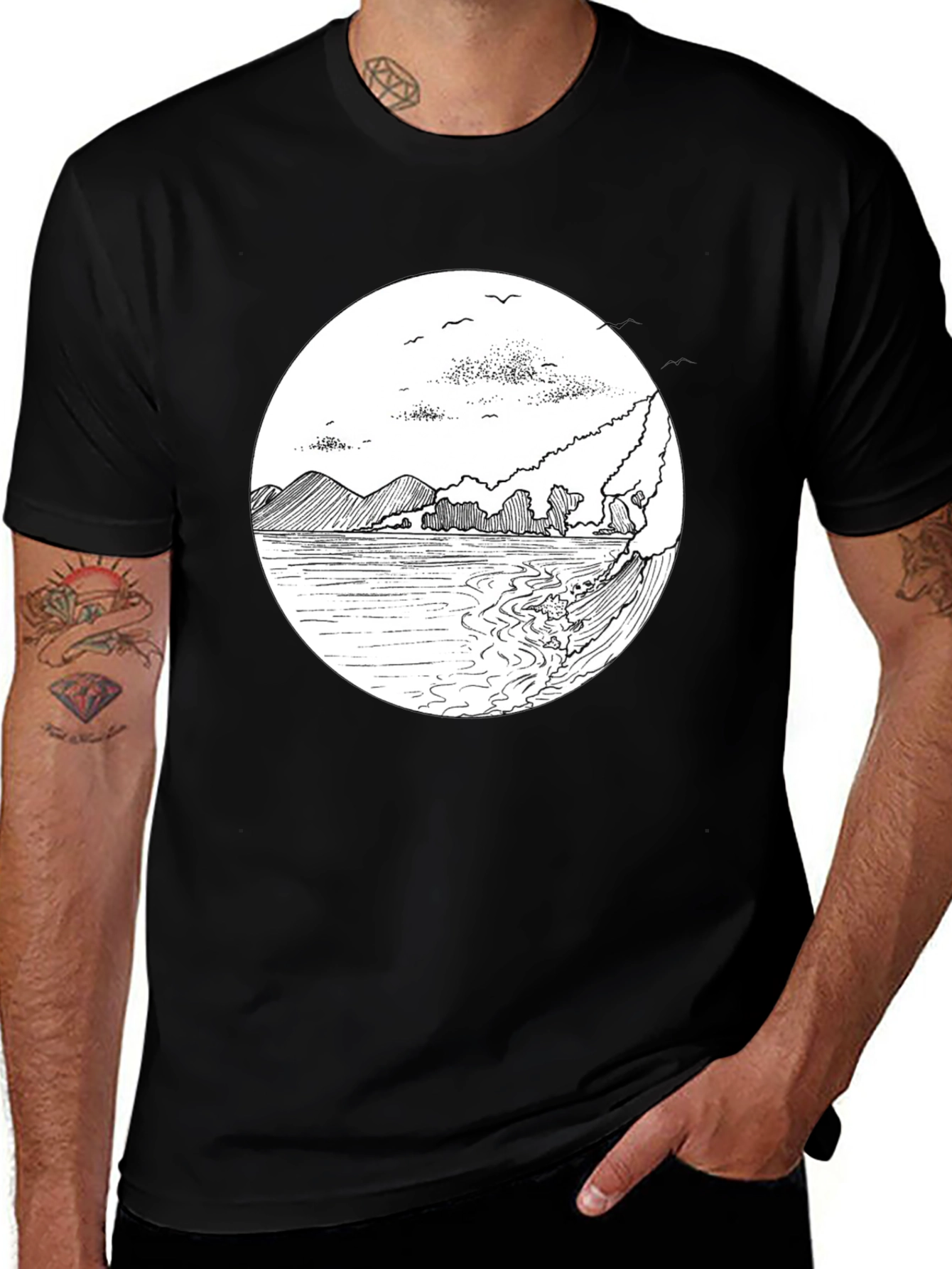 Variant 9 of Black T-Shirt with Coastal Illustration