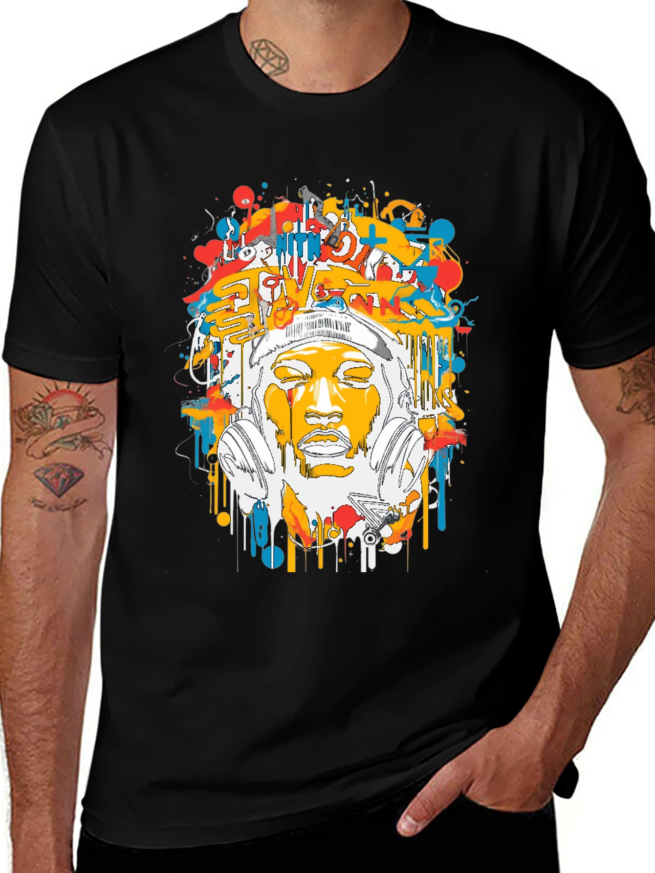 Variant 17 of Vibrant Graffiti Art T-Shirt - Men's Black Crew Neck Tee