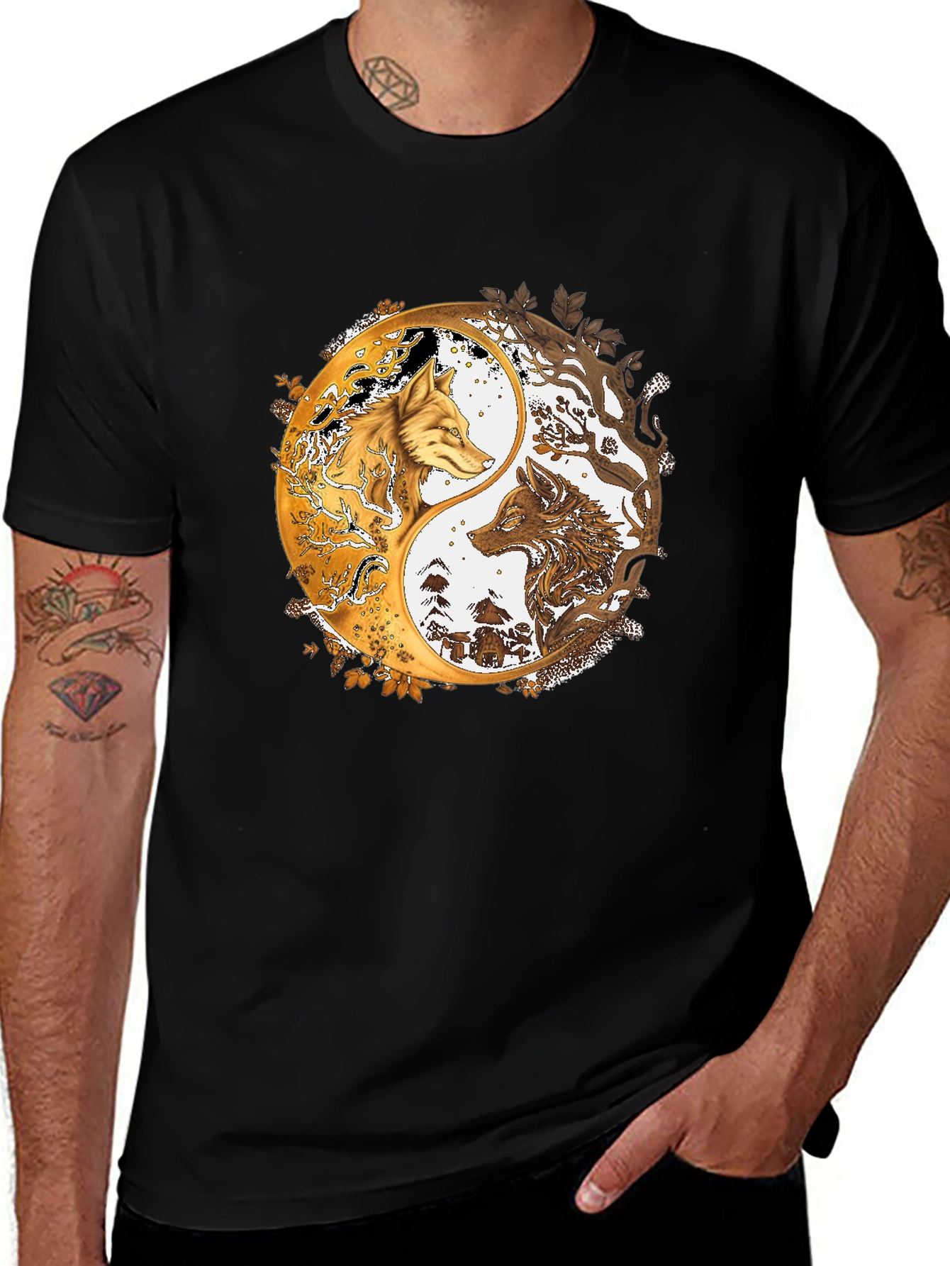 Variant 2 of Yin Yang Wolves Graphic Black Tee
