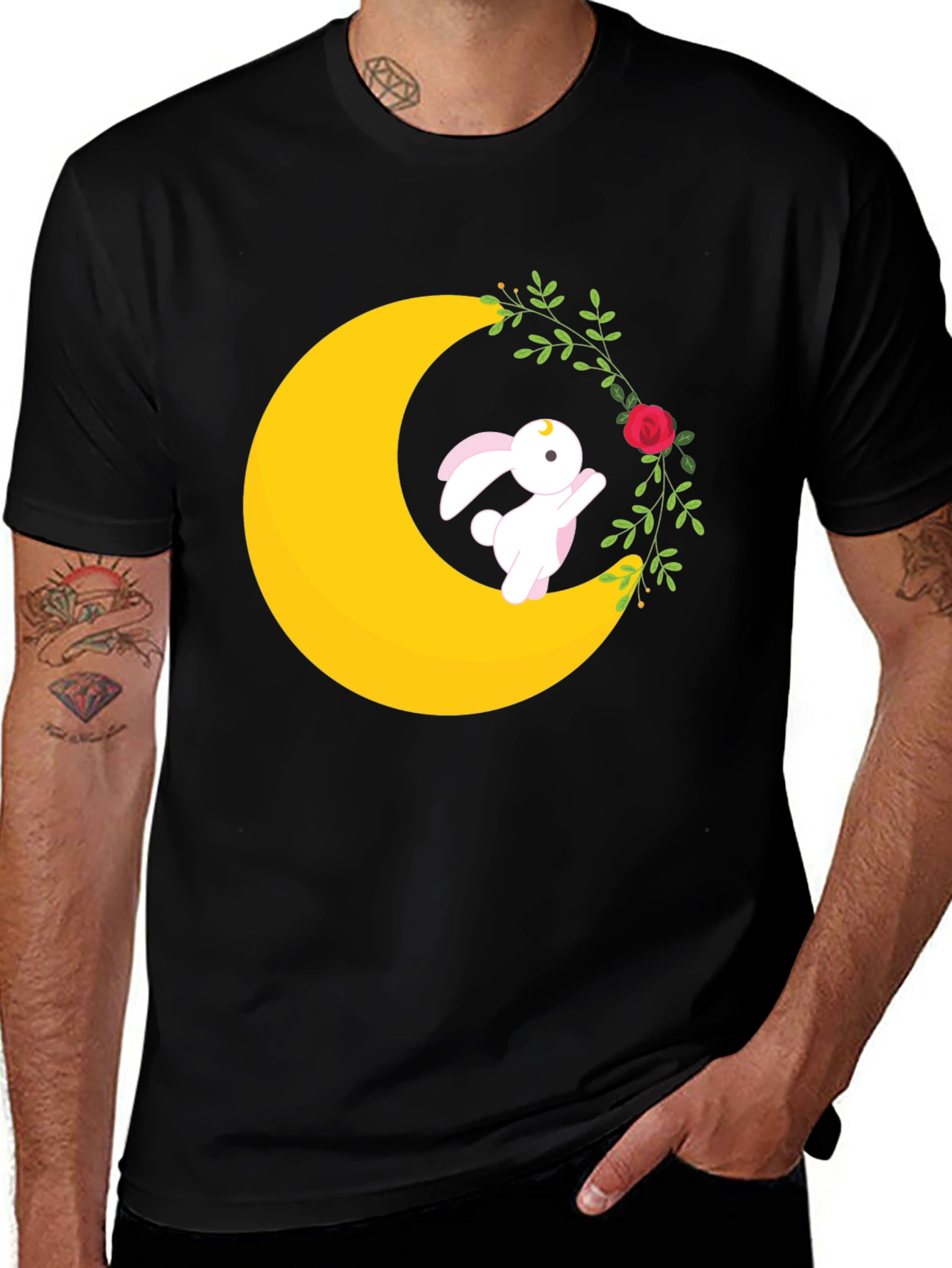 Variant 12 of Moon Bunny Graphic Tee - Black Cotton Blend