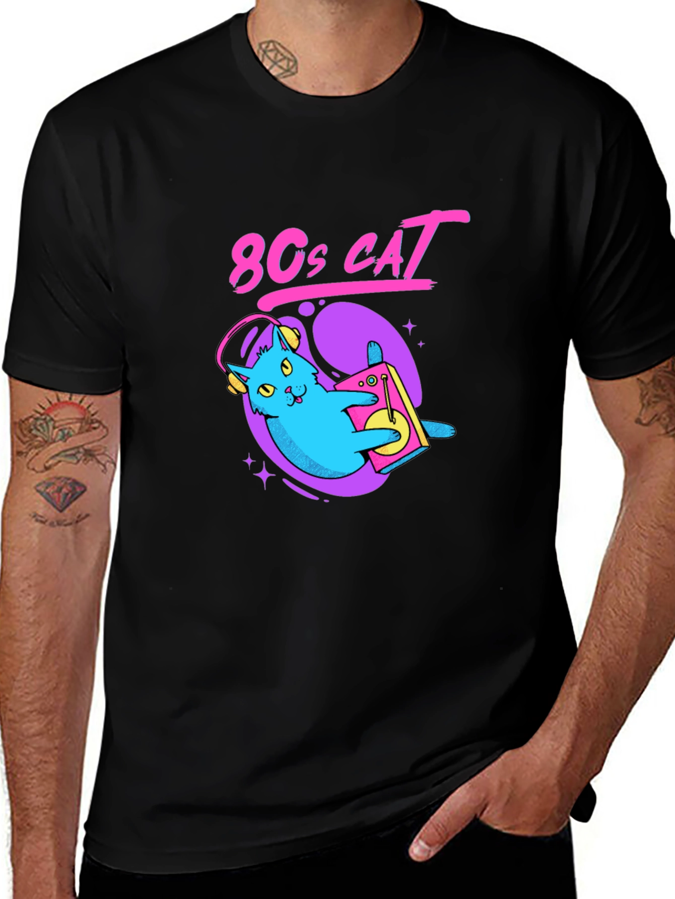 80s Cat Graphic Tee - Retro Style