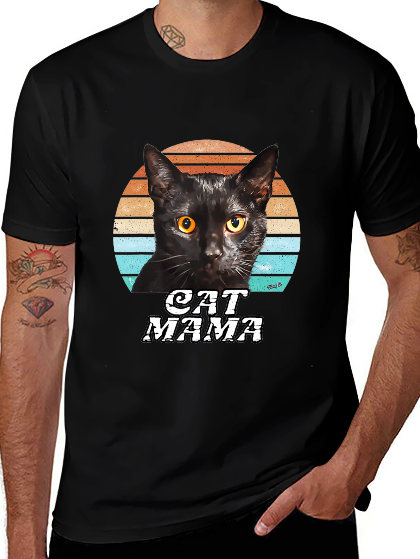 Variant 22 of Cat Mama Black T-Shirt, Retro Cat Lover Tee