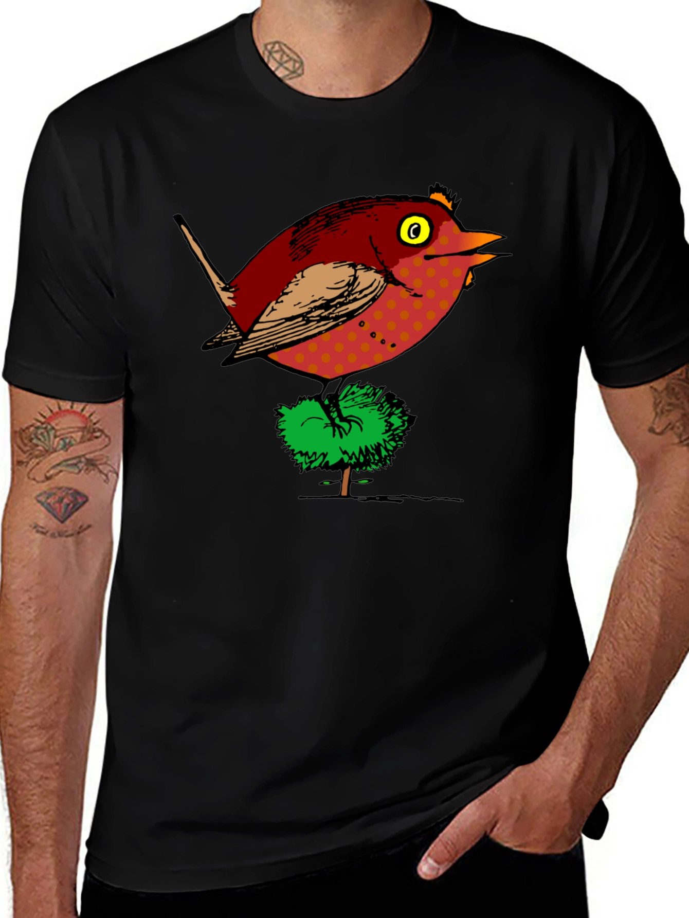 Variant 24 of Quirky Bird on Bush Graphic Tee - Black Cotton T-Shirt