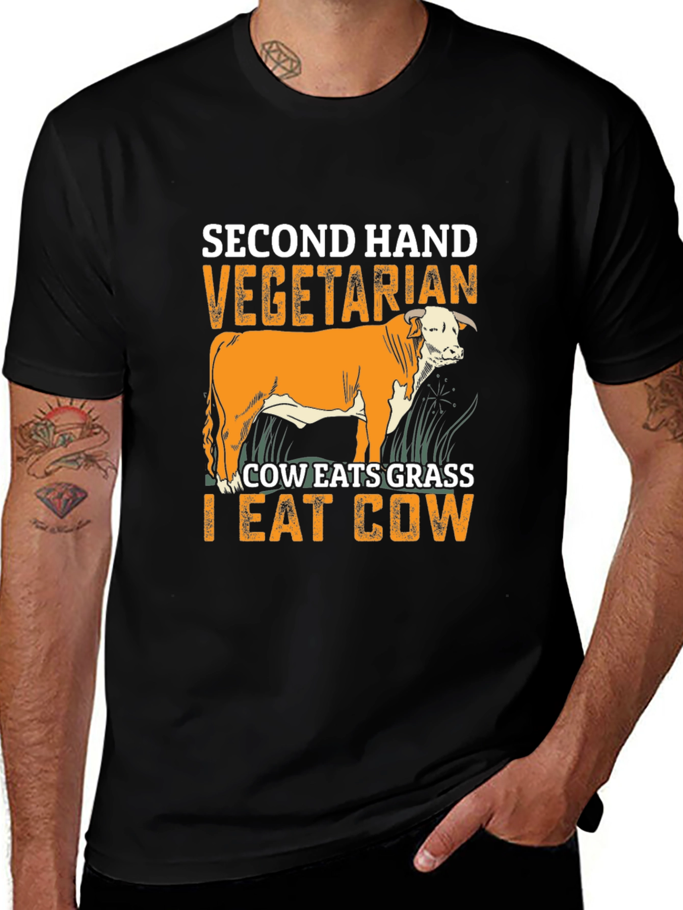 Variant 28 of Second Hand Vegetarian T-Shirt - Cow Eats Grass, I Eat Cow
