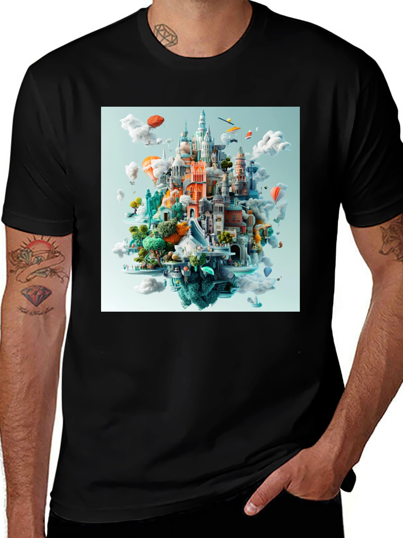 Variant 16 of Cityscape Fantasy Graphic Tee - Black Cotton T-Shirt