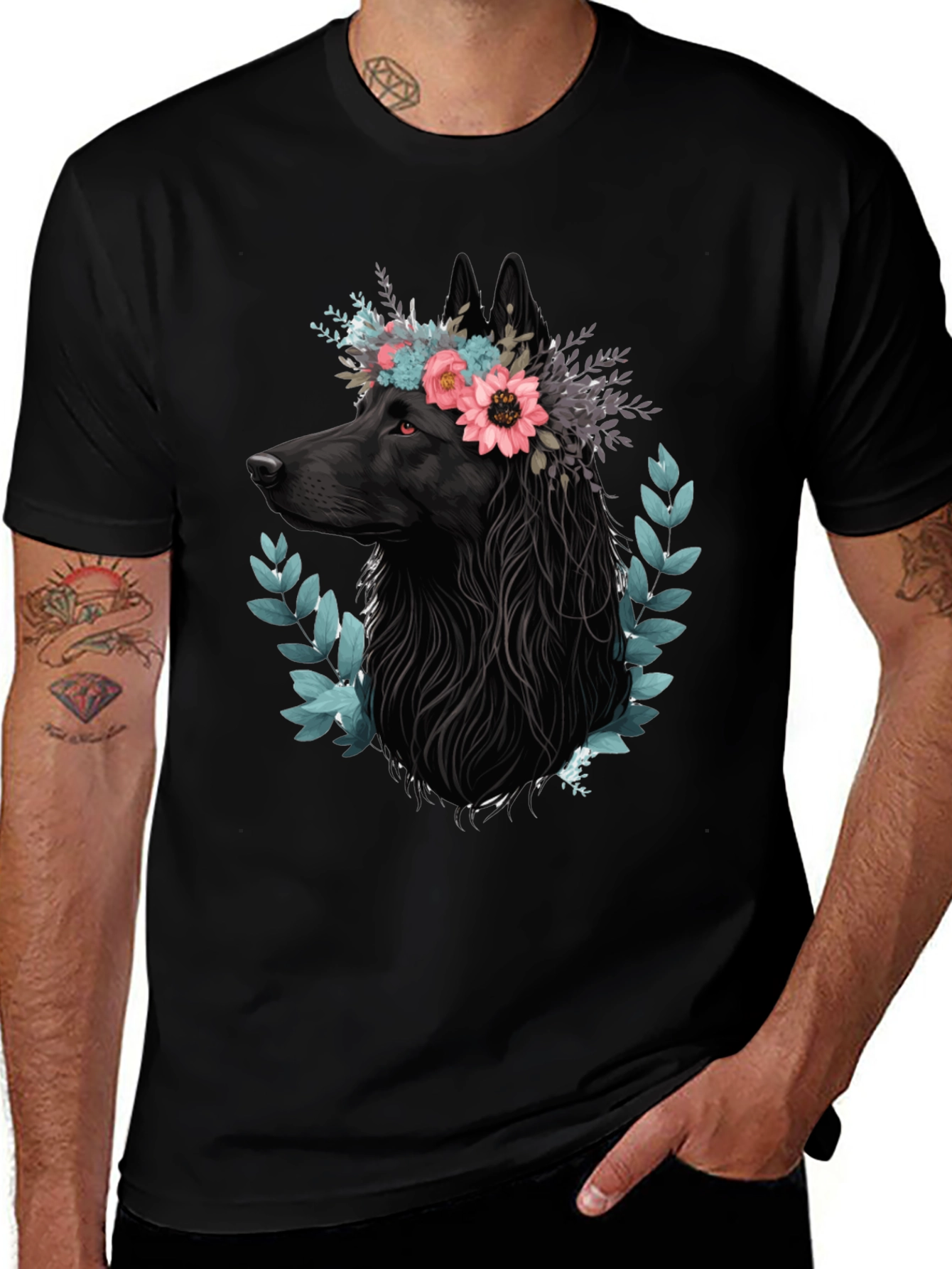 Variant 11 of Floral Wolf Graphic Tee - Black