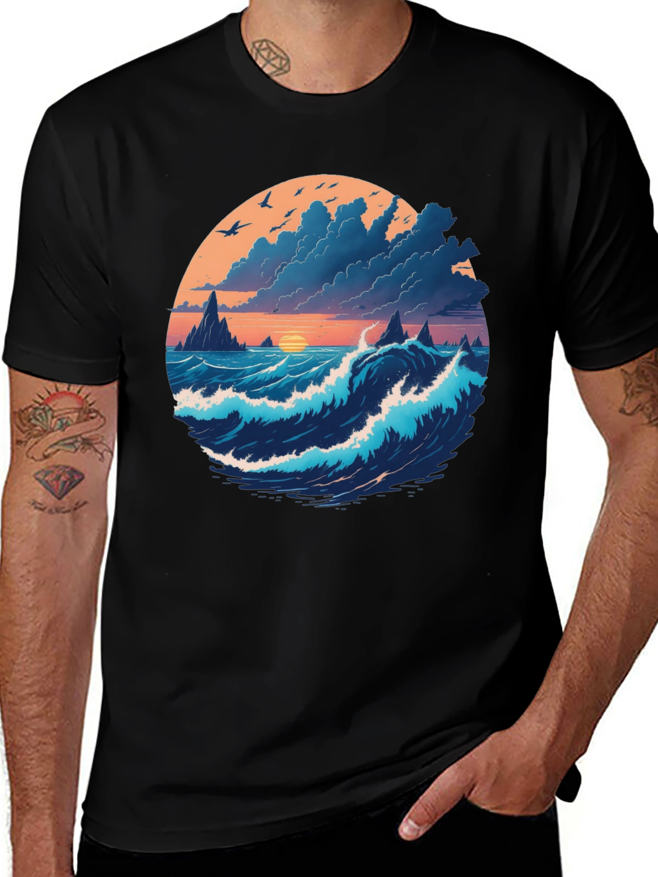 Variant 11 of Ocean Sunset Graphic Tee - Soft Black Cotton