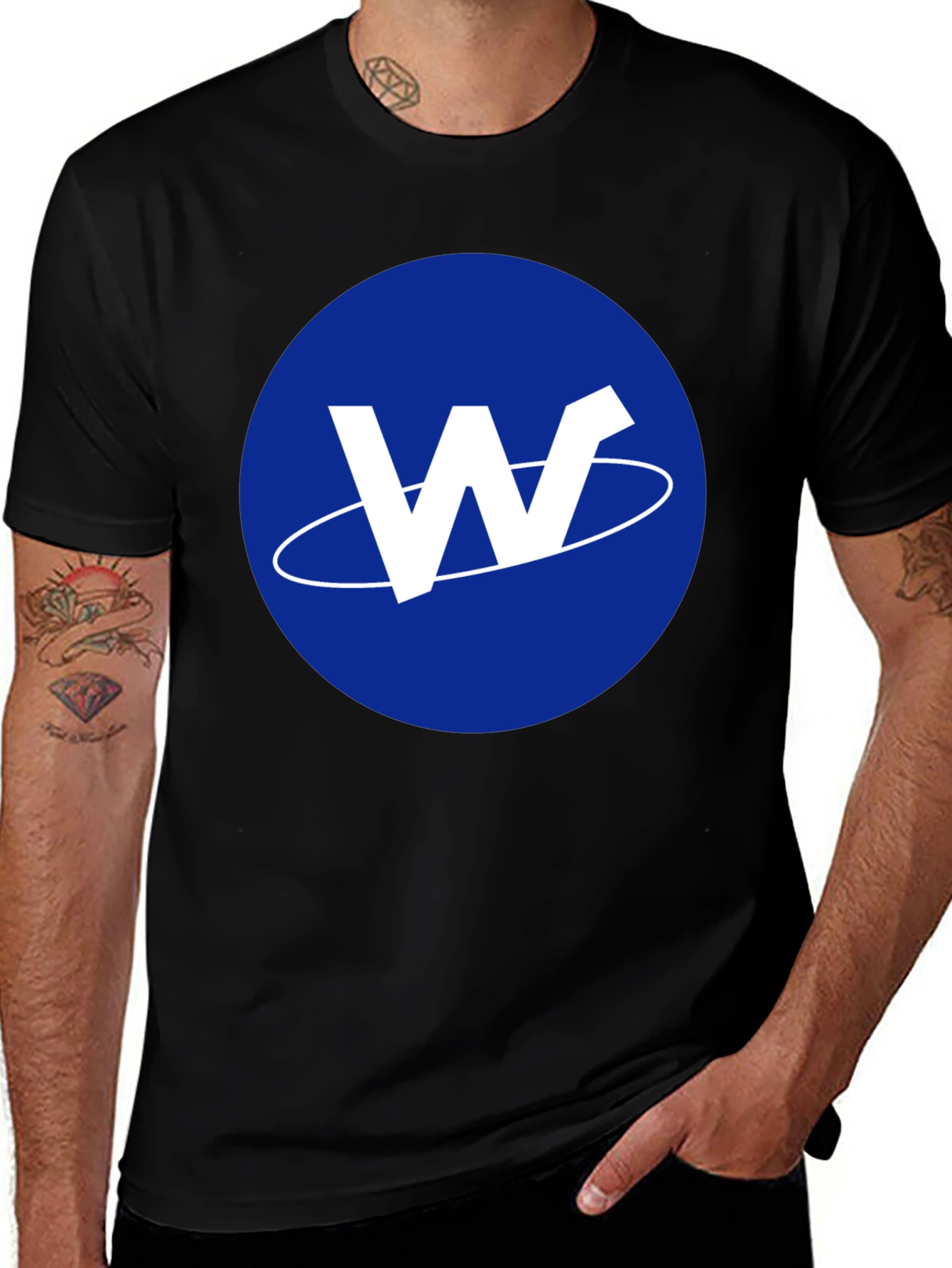 Variant 22 of Men's Black T-Shirt with Blue 'W' Logo Design