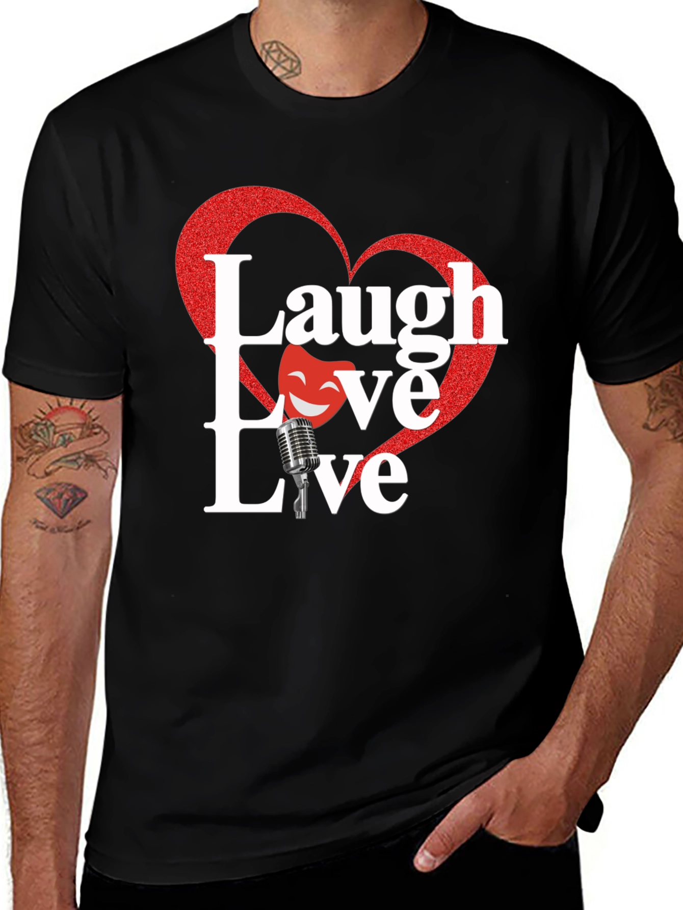 Variant 24 of Laugh Love Live Black T-Shirt with Heart Design