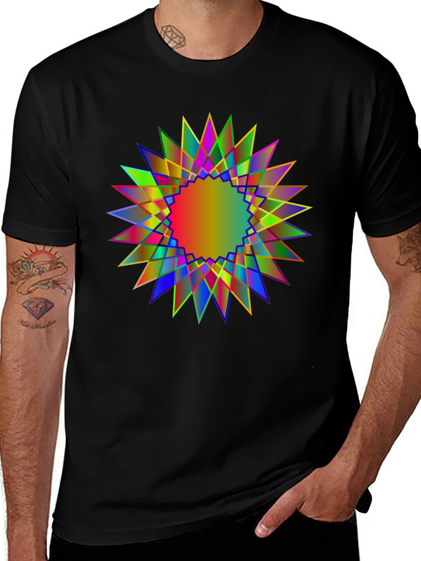 Variant 10 of Geometric Rainbow Starburst Black T-Shirt
