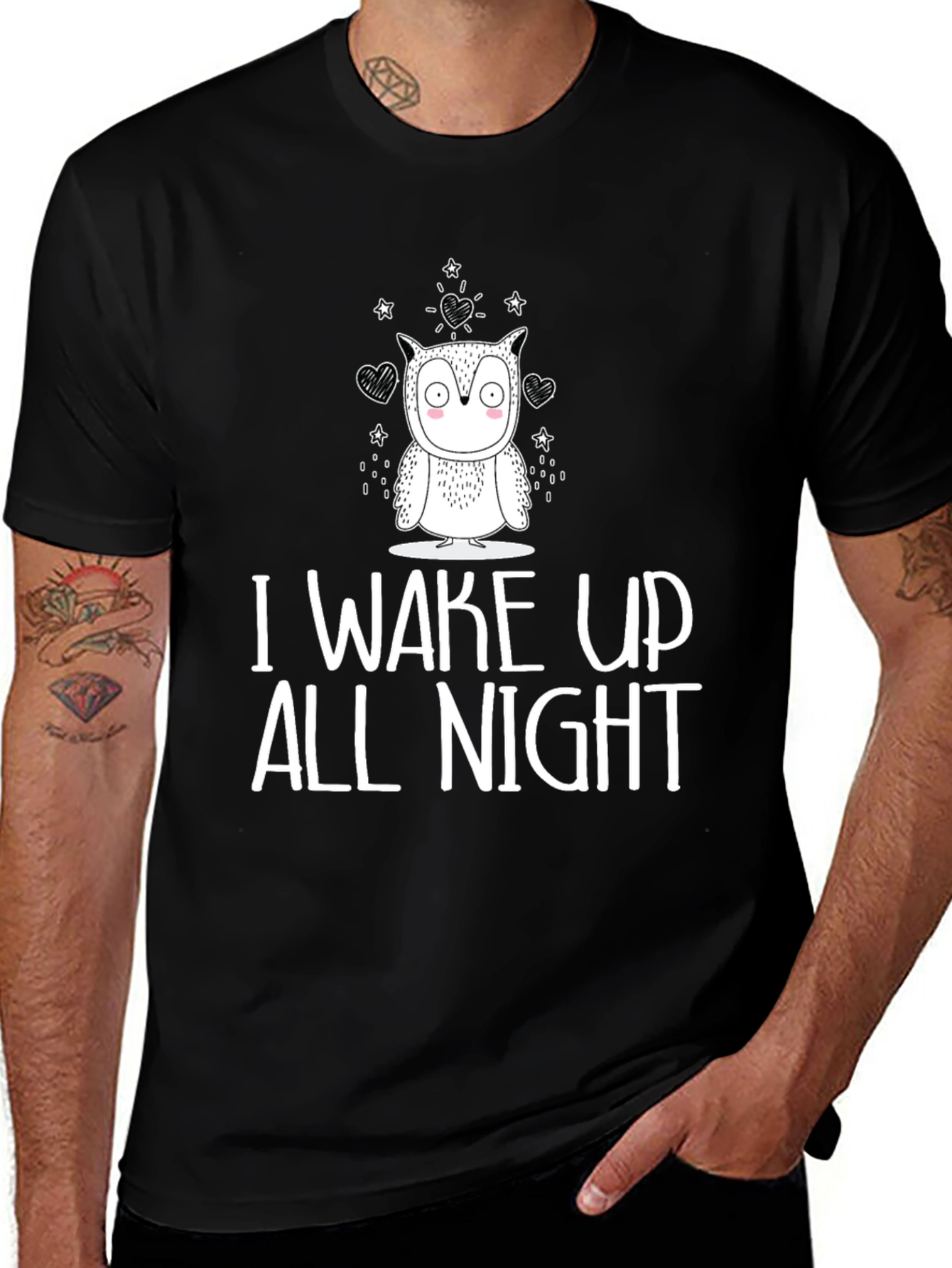 Variant 12 of Owl I Wake Up All Night Graphic Tee - Black Cotton T-Shirt