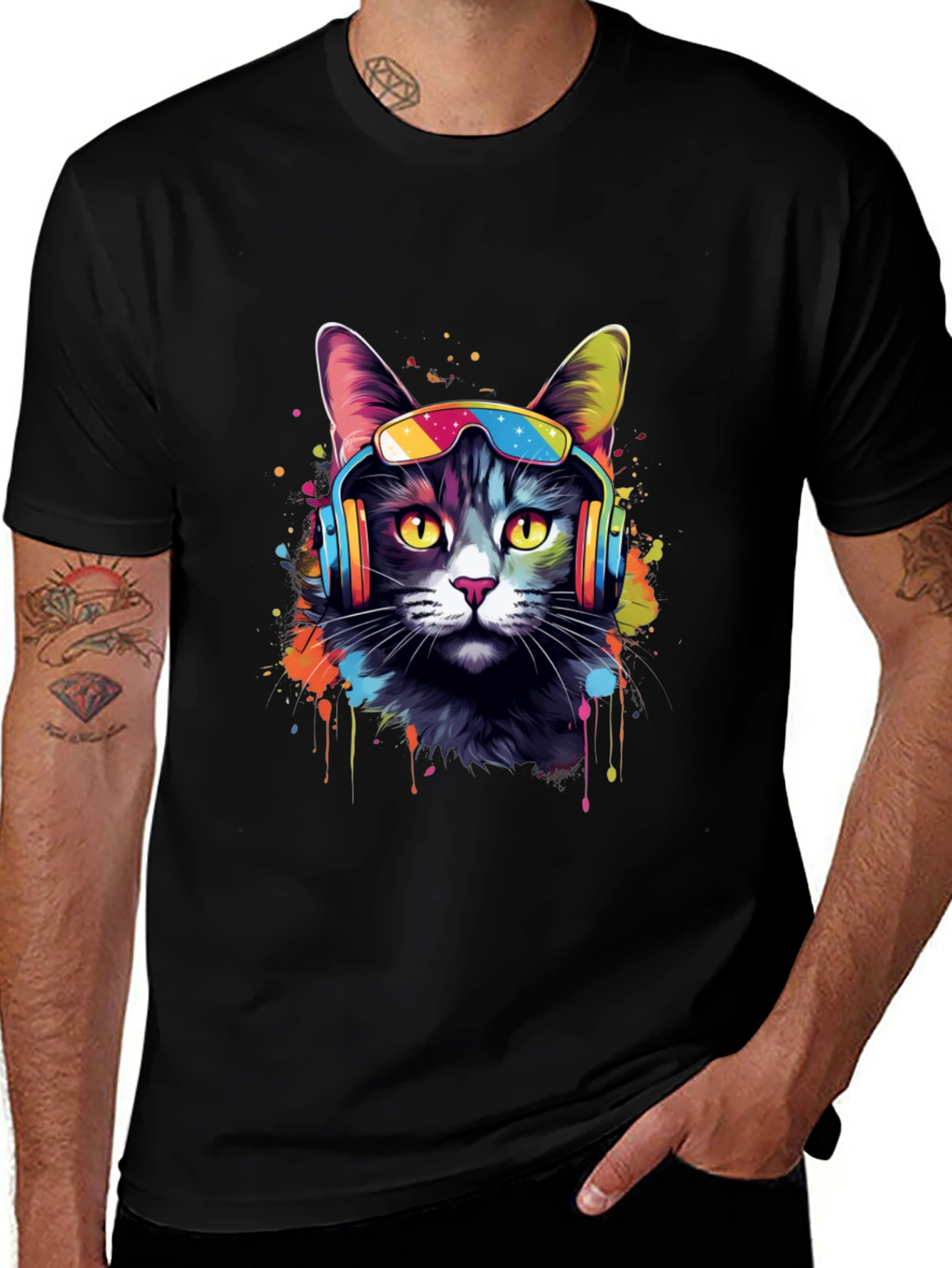 Variant 11 of Cool Cat Graphic Tee - Colorful Headphones & Sunglasses