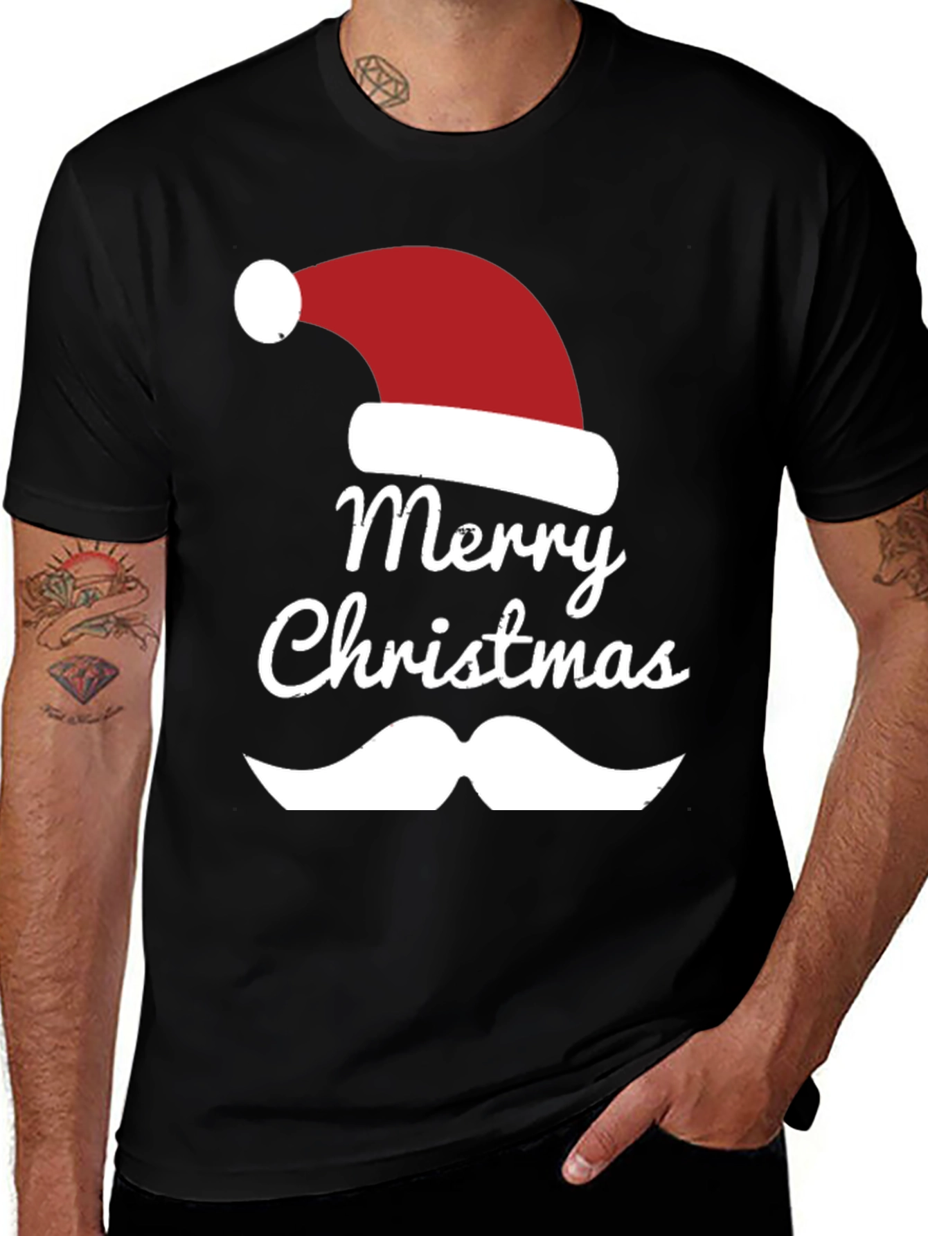 Festive Merry Christmas Santa Hat & Mustache Graphic Tee