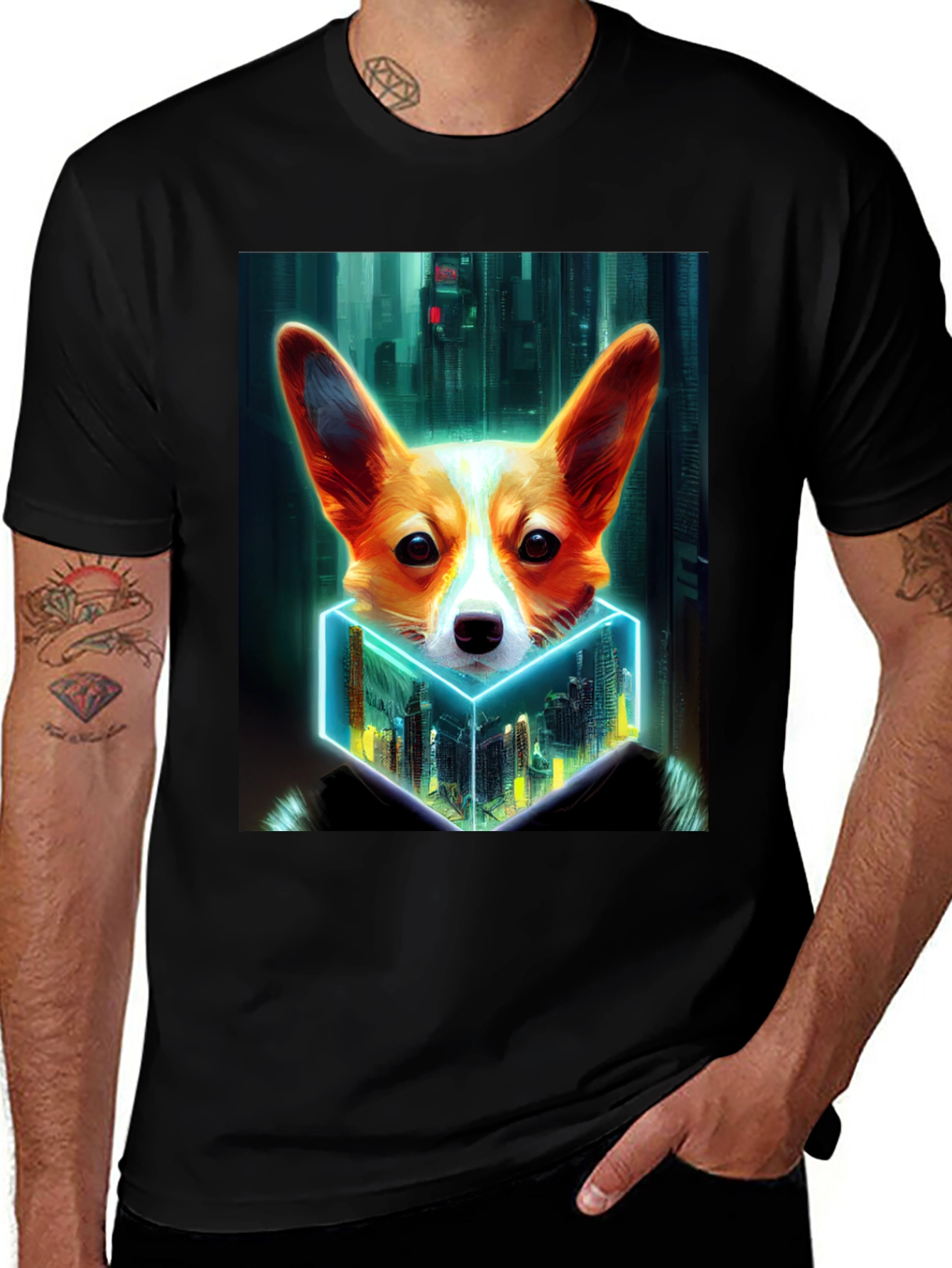 Variant 15 of Cyberpunk Corgi Cityscape Graphic Tee