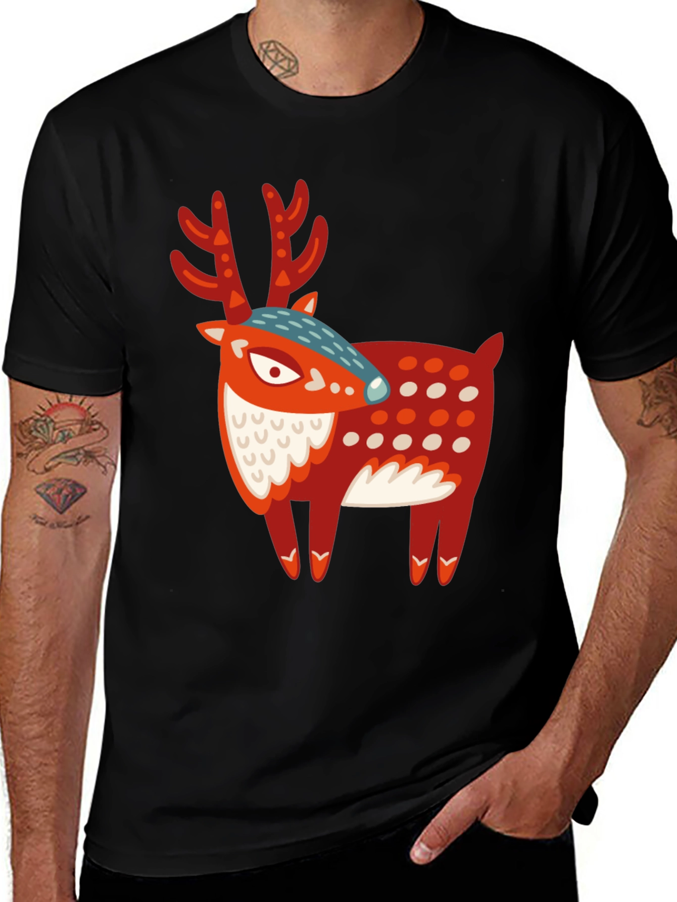 Variant 12 of Festive Deer Graphic Tee - Black Cotton Blend