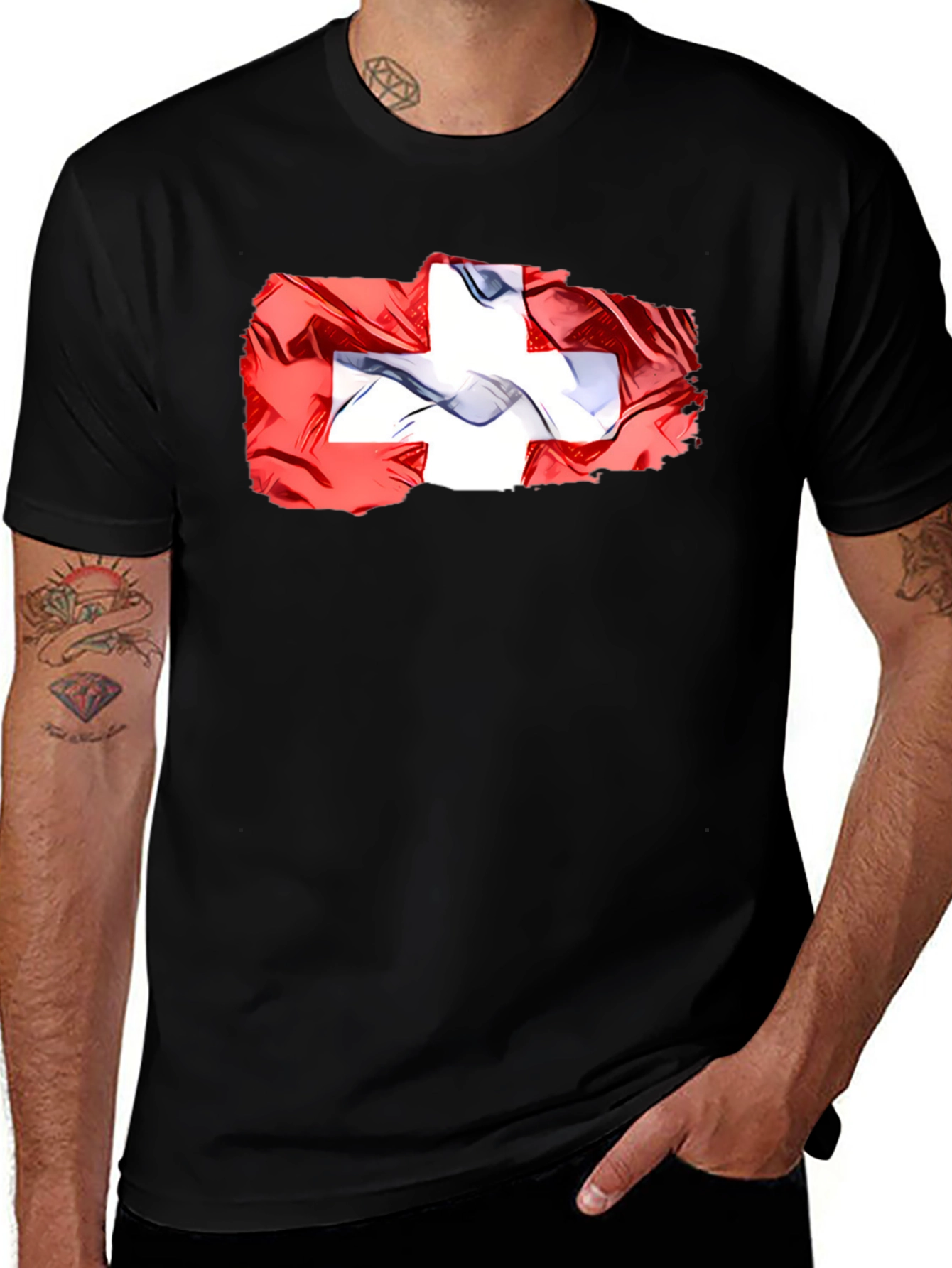 Variant 26 of Swiss Flag Graphic Tee - Black Casual T-Shirt