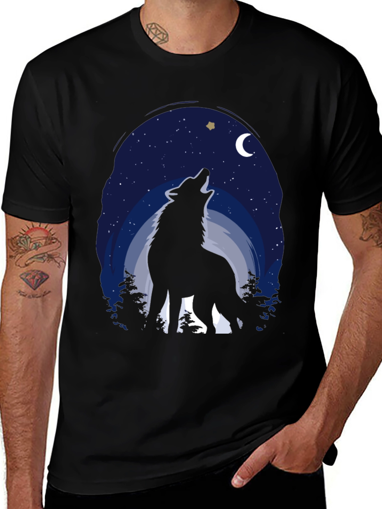 Variant 24 of Wolf Howling at Moon Graphic Tee - Men's Black T-Shirt