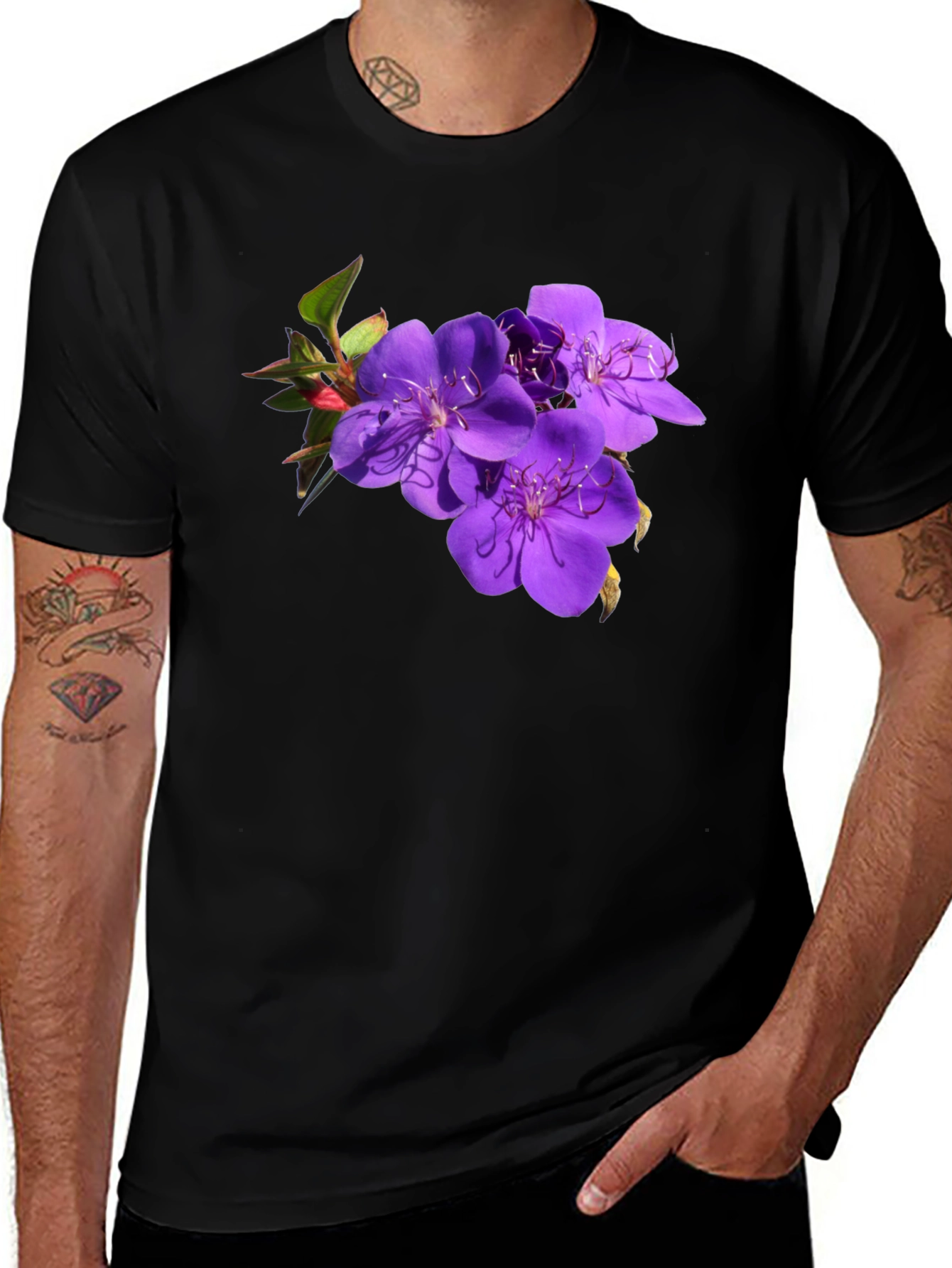 Variant 11 of Floral Purple Blossom Print Black T-Shirt