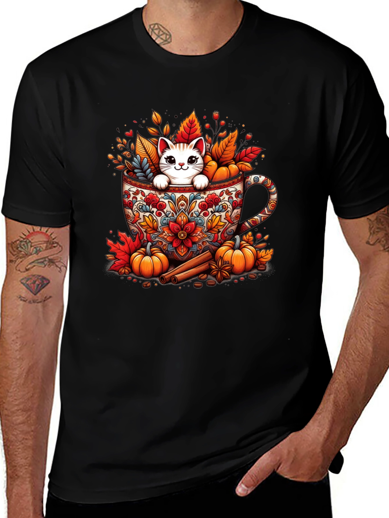 Variant 5 of Fall Cat in Mug T-Shirt - Cozy Autumn Style