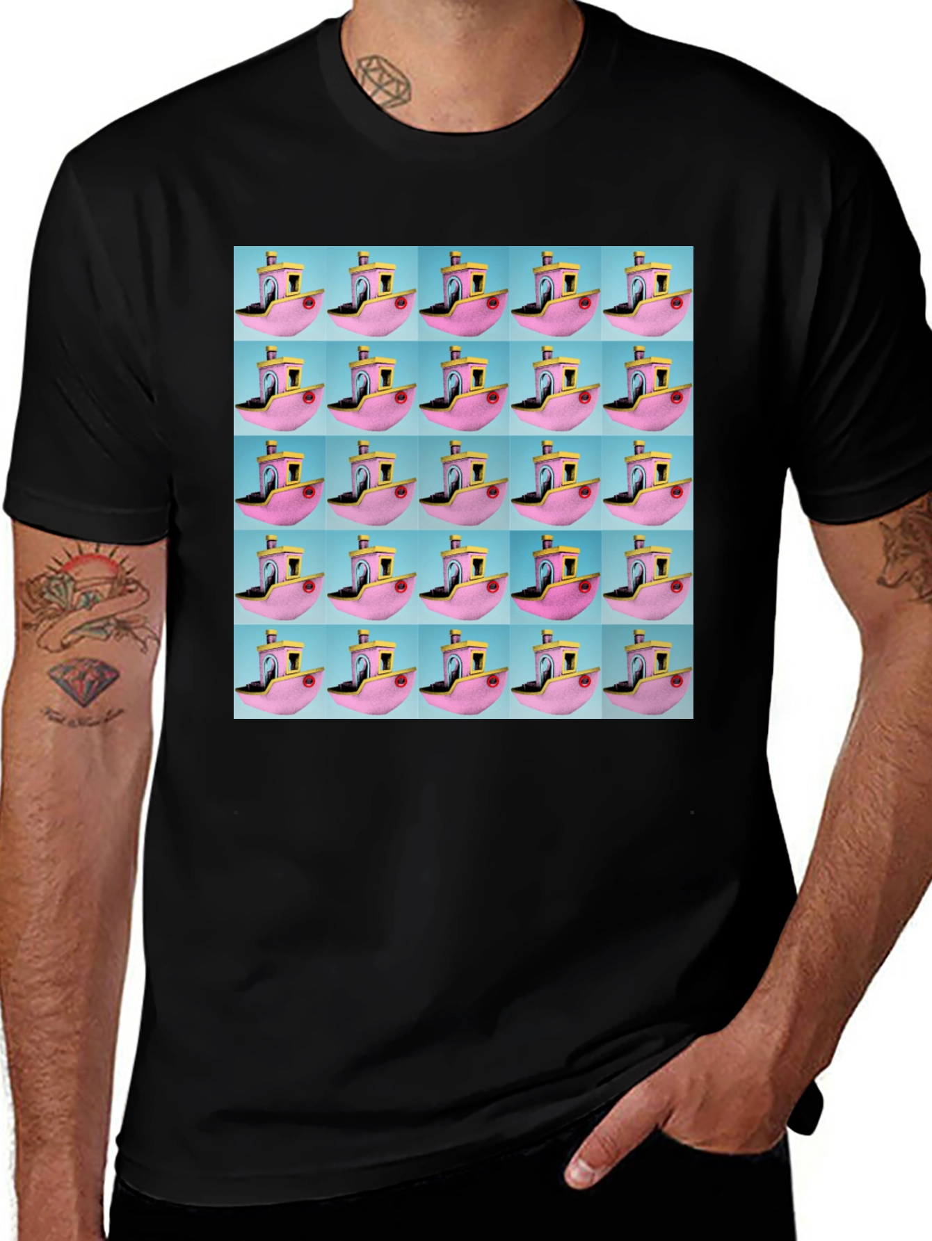 Variant 12 of Pink Boat Pattern Black T-Shirt