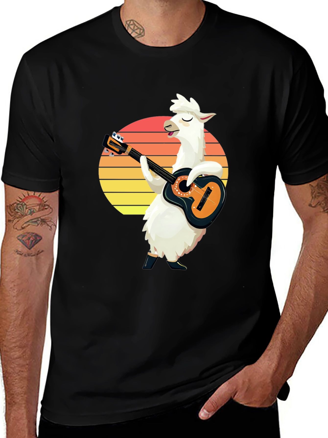 Variant 19 of Llama Guitarist T-Shirt - Retro Sunset Black Tee