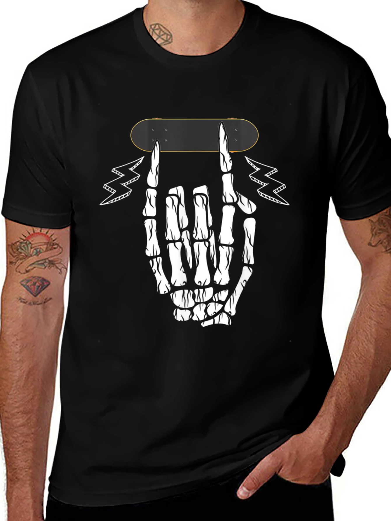 Variant 13 of Skeleton Hand Skateboard T-Shirt - Rock On!