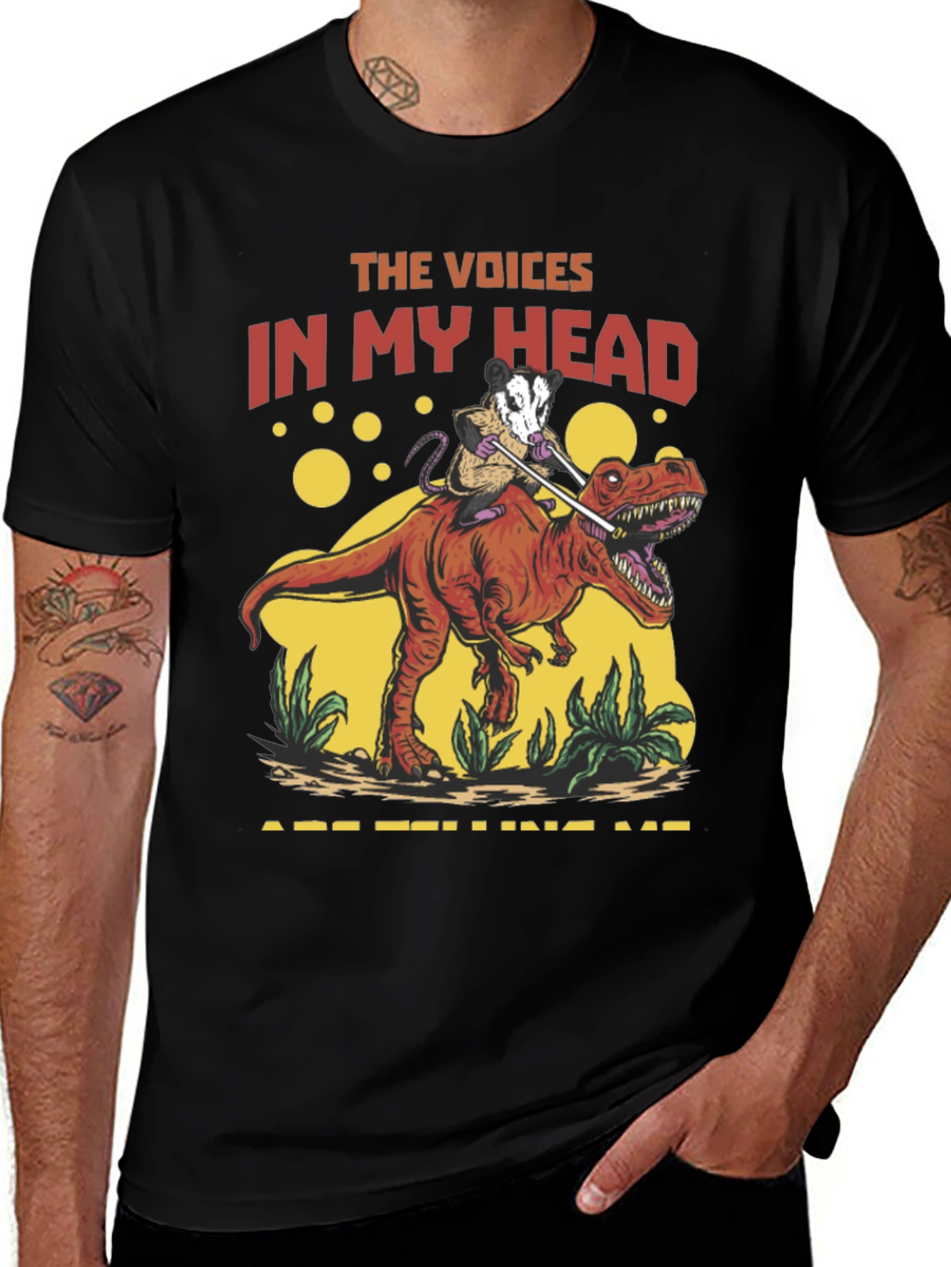 Variant 23 of Voices in My Head T-Shirt - Opossum Riding Dinosaur Tee