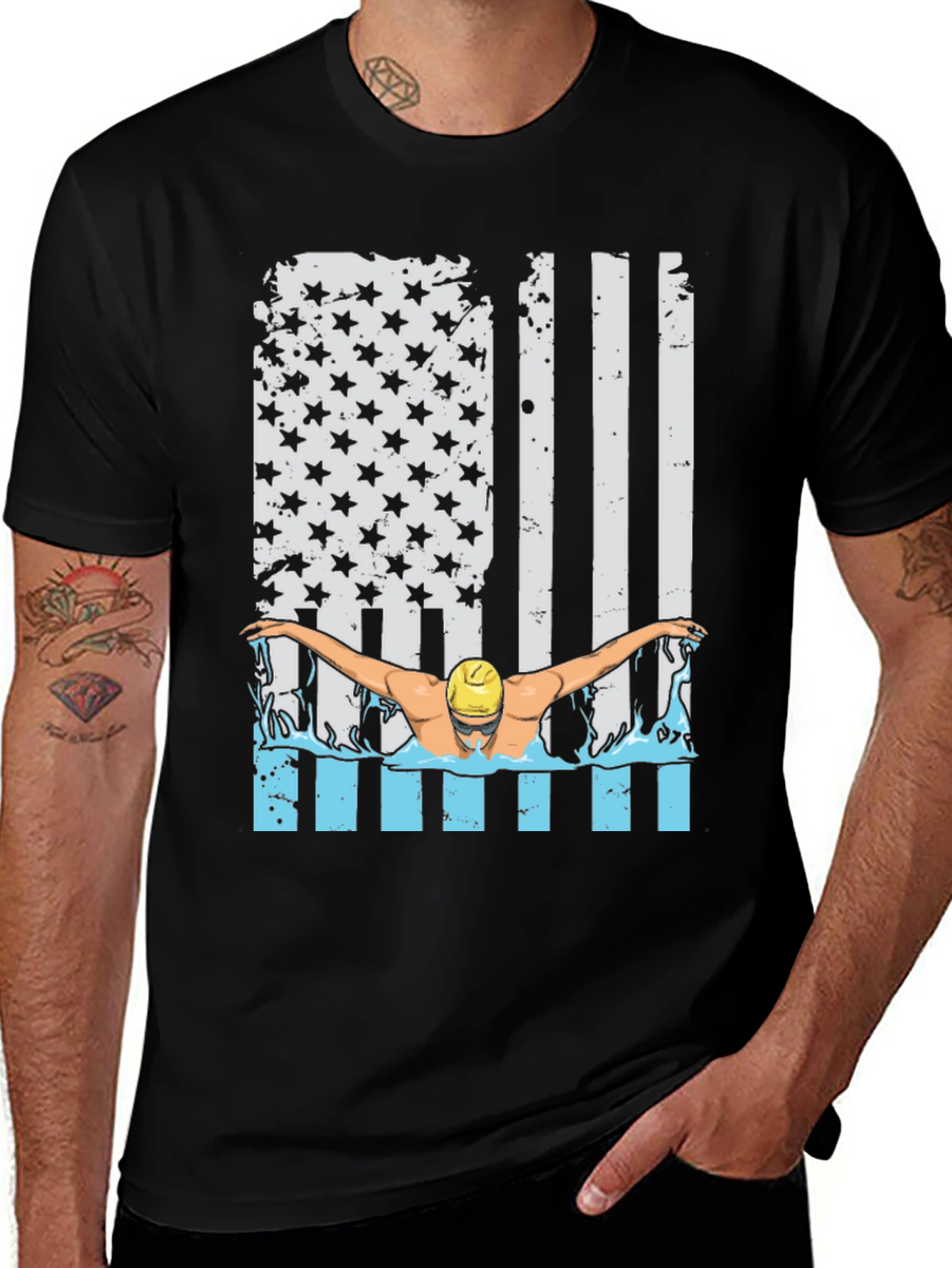 Black Patriotic Swimmer T-Shirt USA Flag Design main image