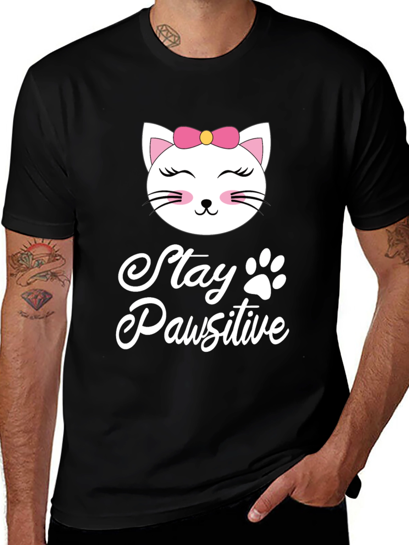 Variant 14 of Stay Pawsitive Cat T-Shirt - Black