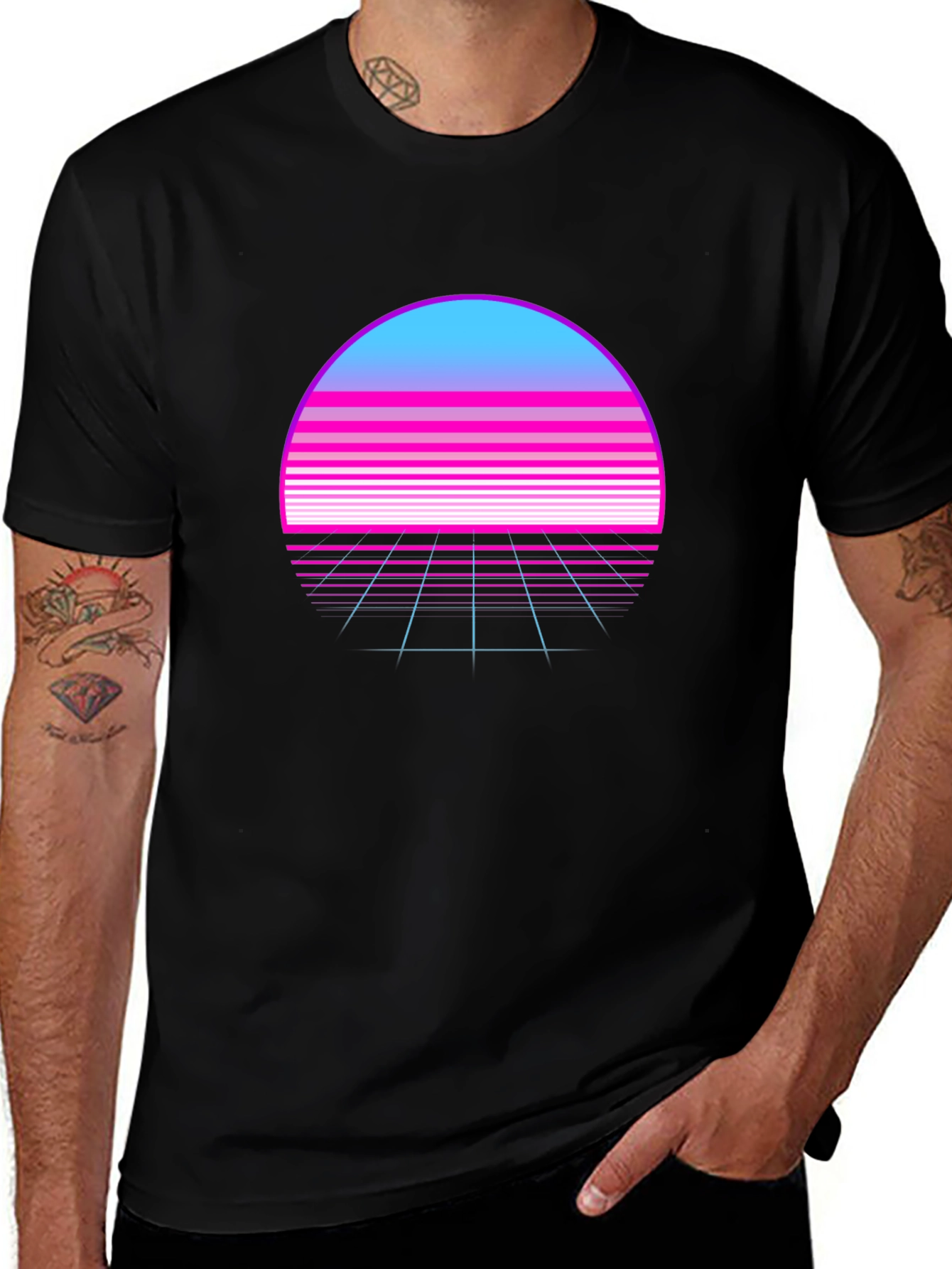 Black Retro Wave Sunset T-Shirt - Synthwave Style main image