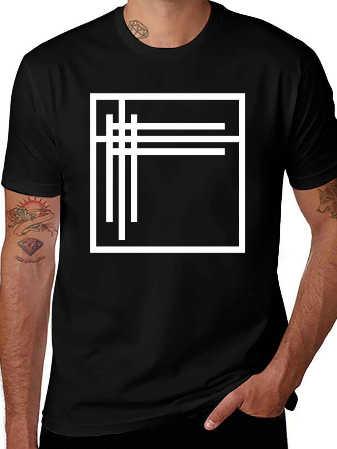 Modern Graphic Tee - Black with White Line Design