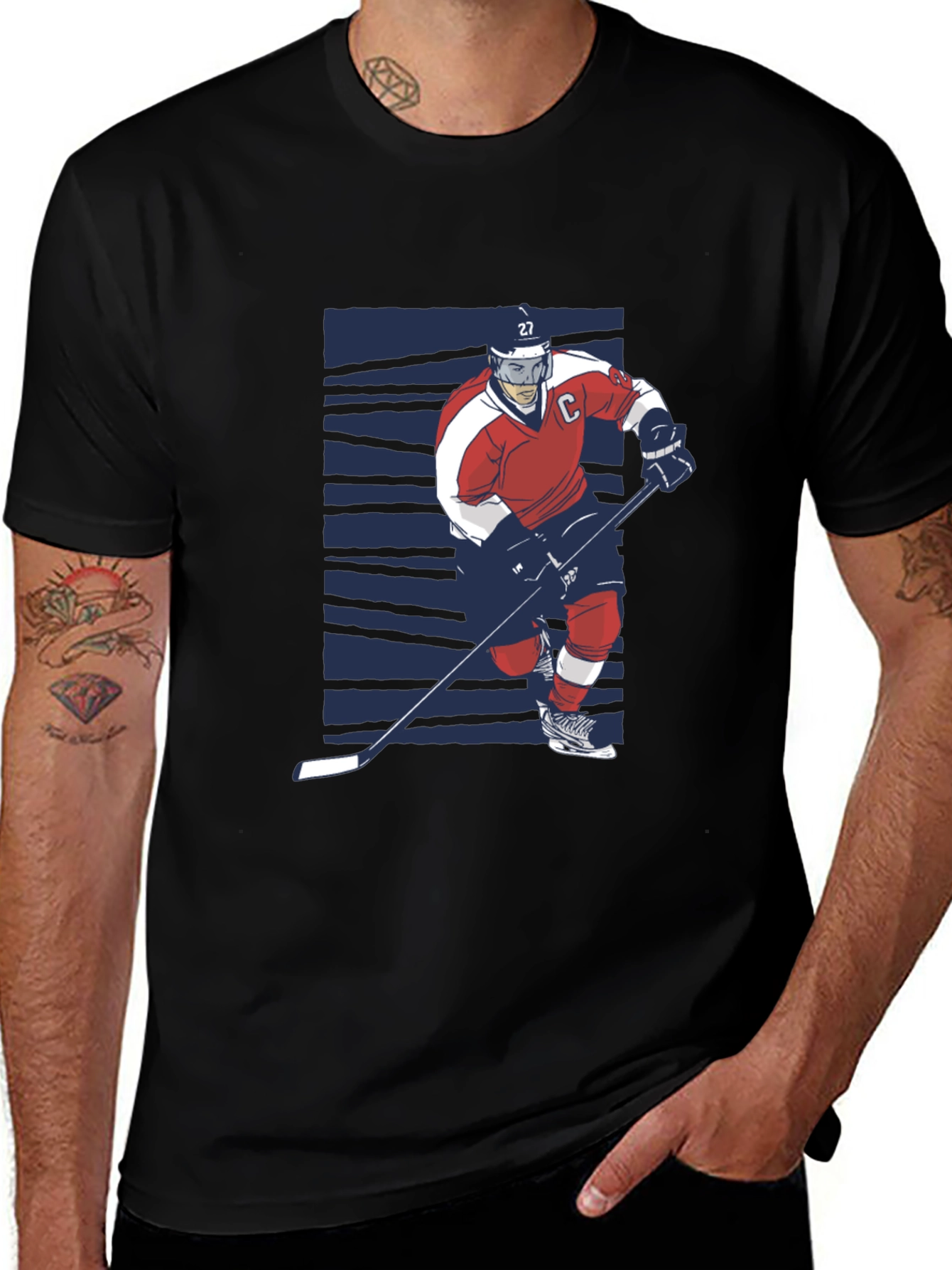 Variant 22 of Hockey Player Graphic Tee - Black Cotton T-Shirt
