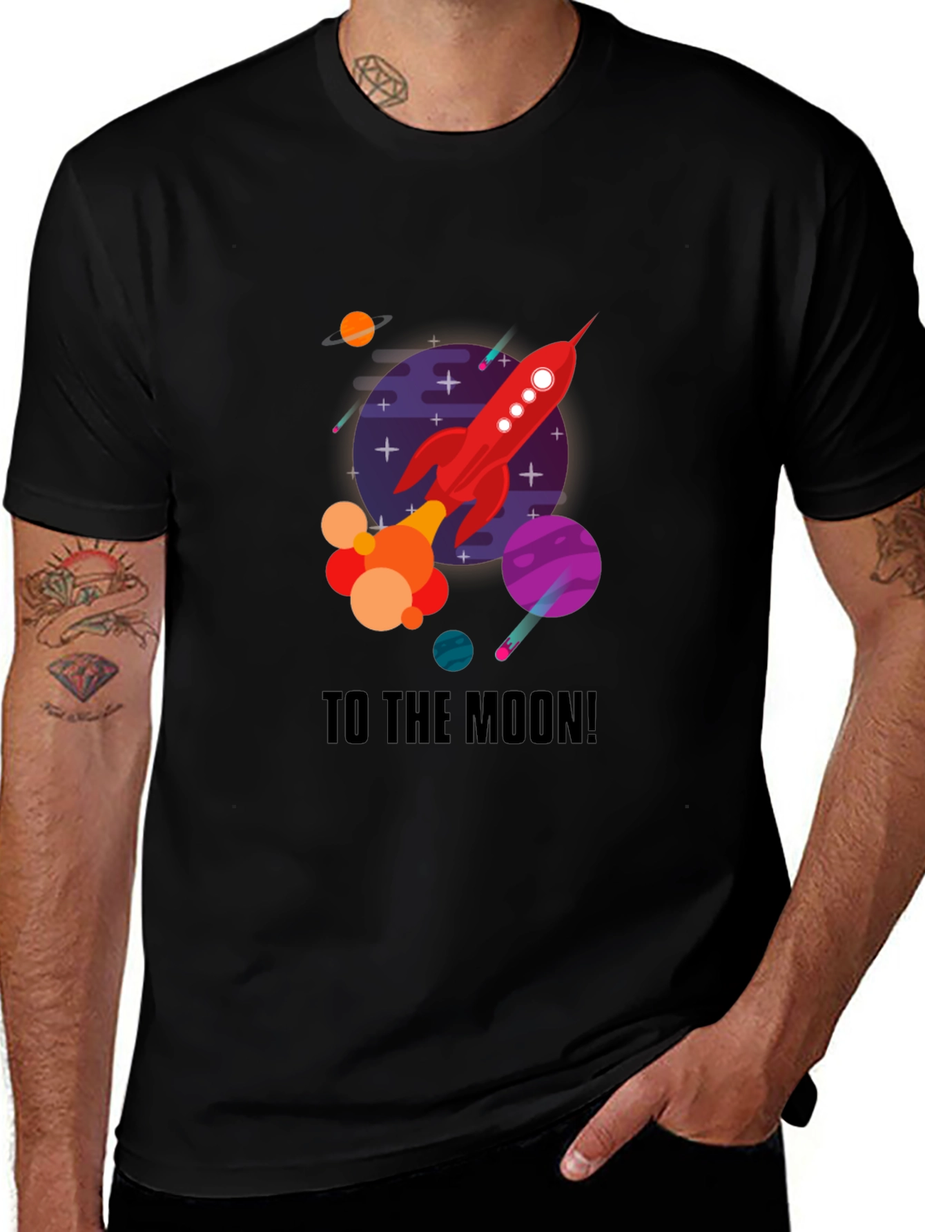 To The Moon Graphic Tee - Black Cotton Rocket Shirt