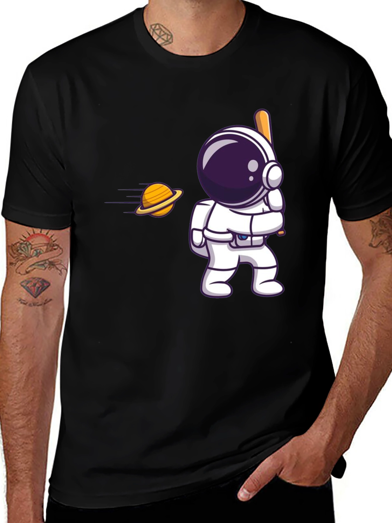 Black Astronaut Hitting Saturn T-Shirt main image