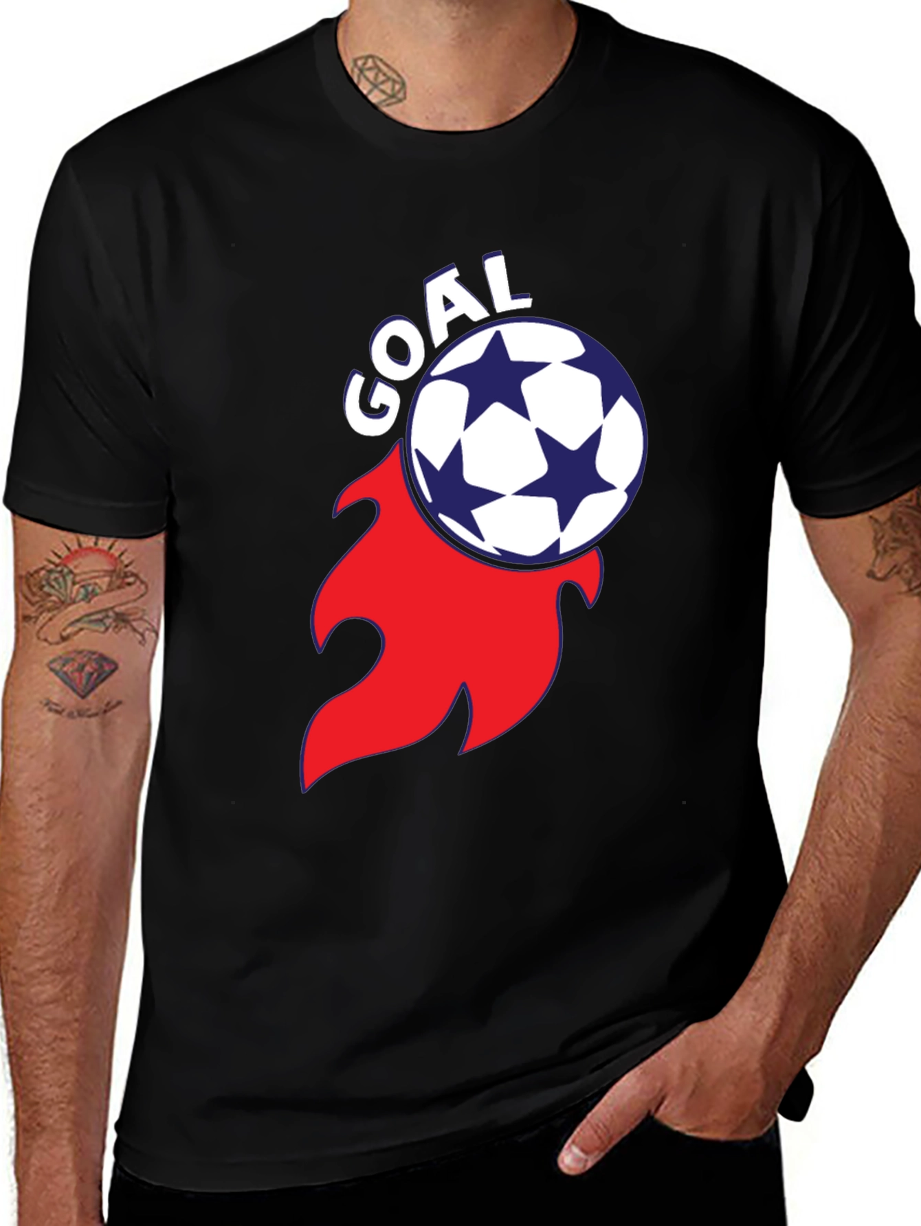 Variant 12 of Goal! Soccer Ball Flame Graphic Tee - Stylish Black T-Shirt