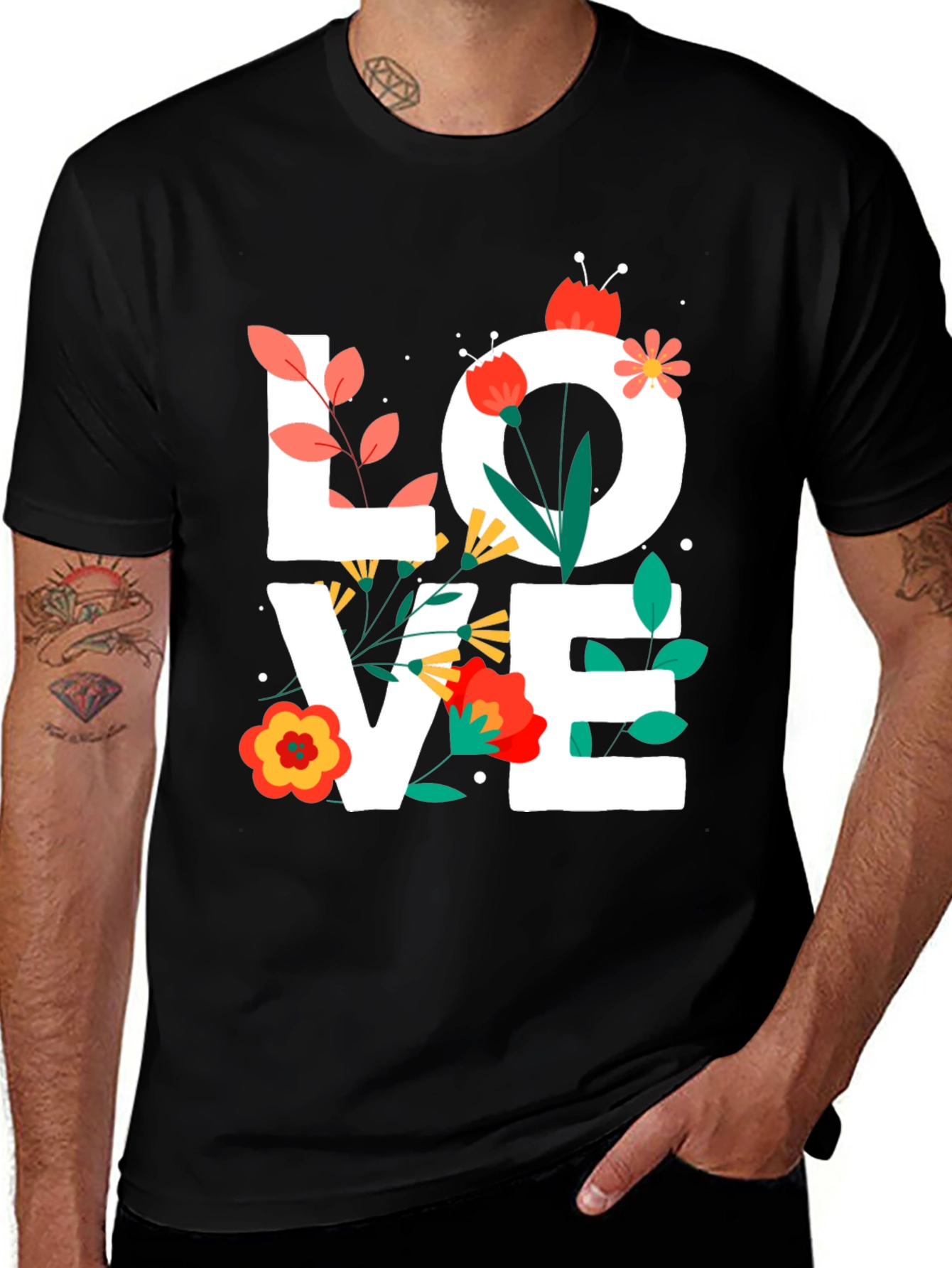Black Floral LOVE Graphic Tee - Trendy Unisex Shirt main image