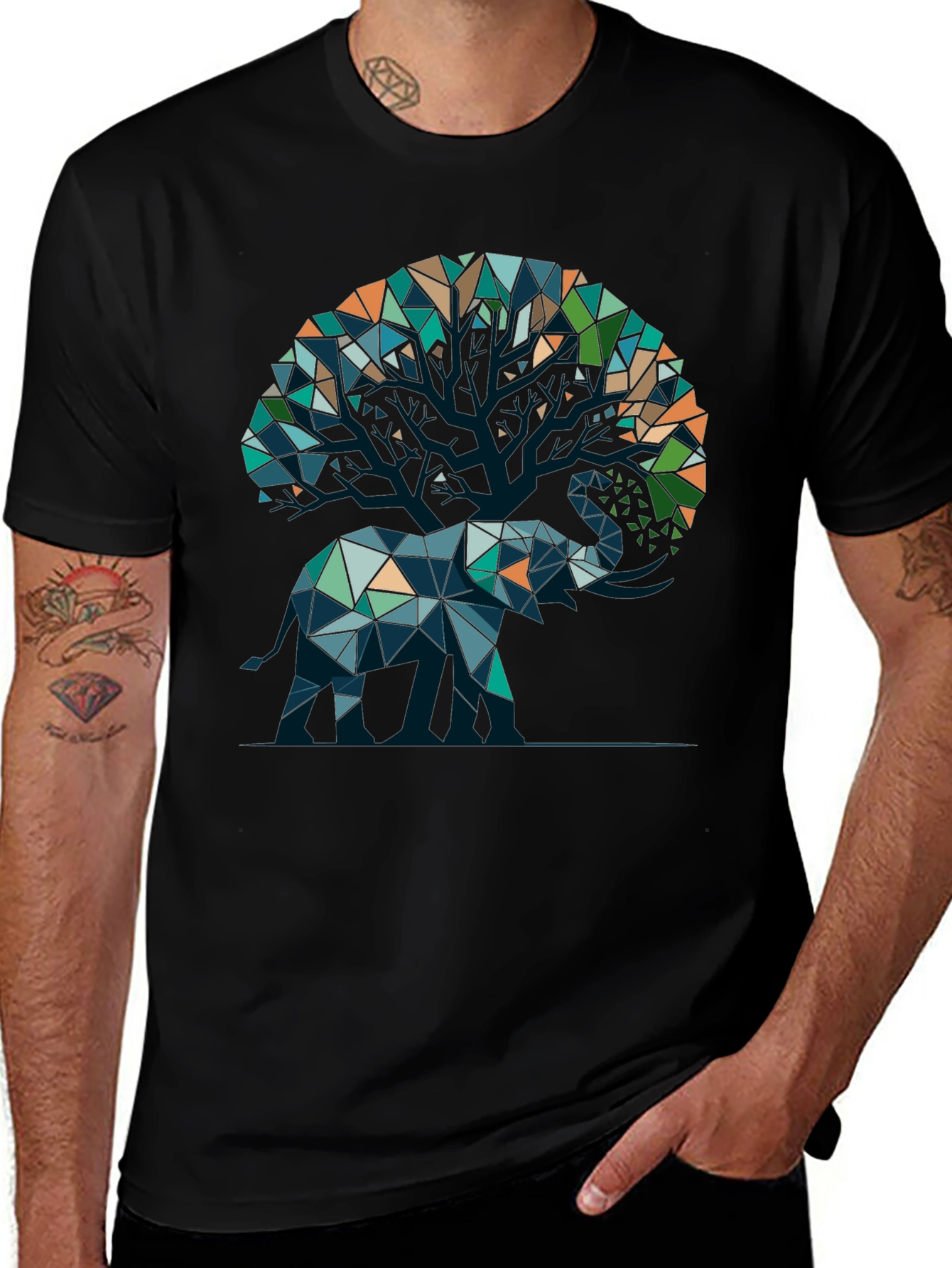 Geometric Elephant & Tree Graphic T-Shirt