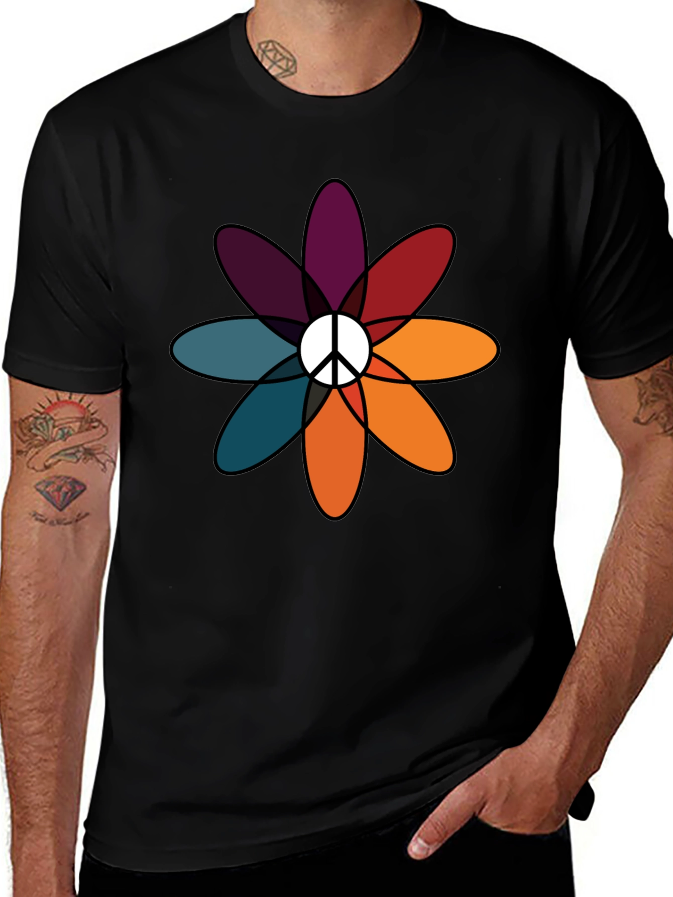 Variant 21 of Peace Flower Graphic Tee - Black Cotton Blend