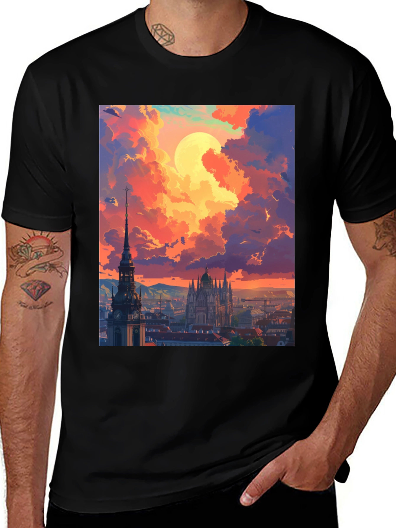 Variant 4 of Sunset Cityscape Graphic Tee - Black