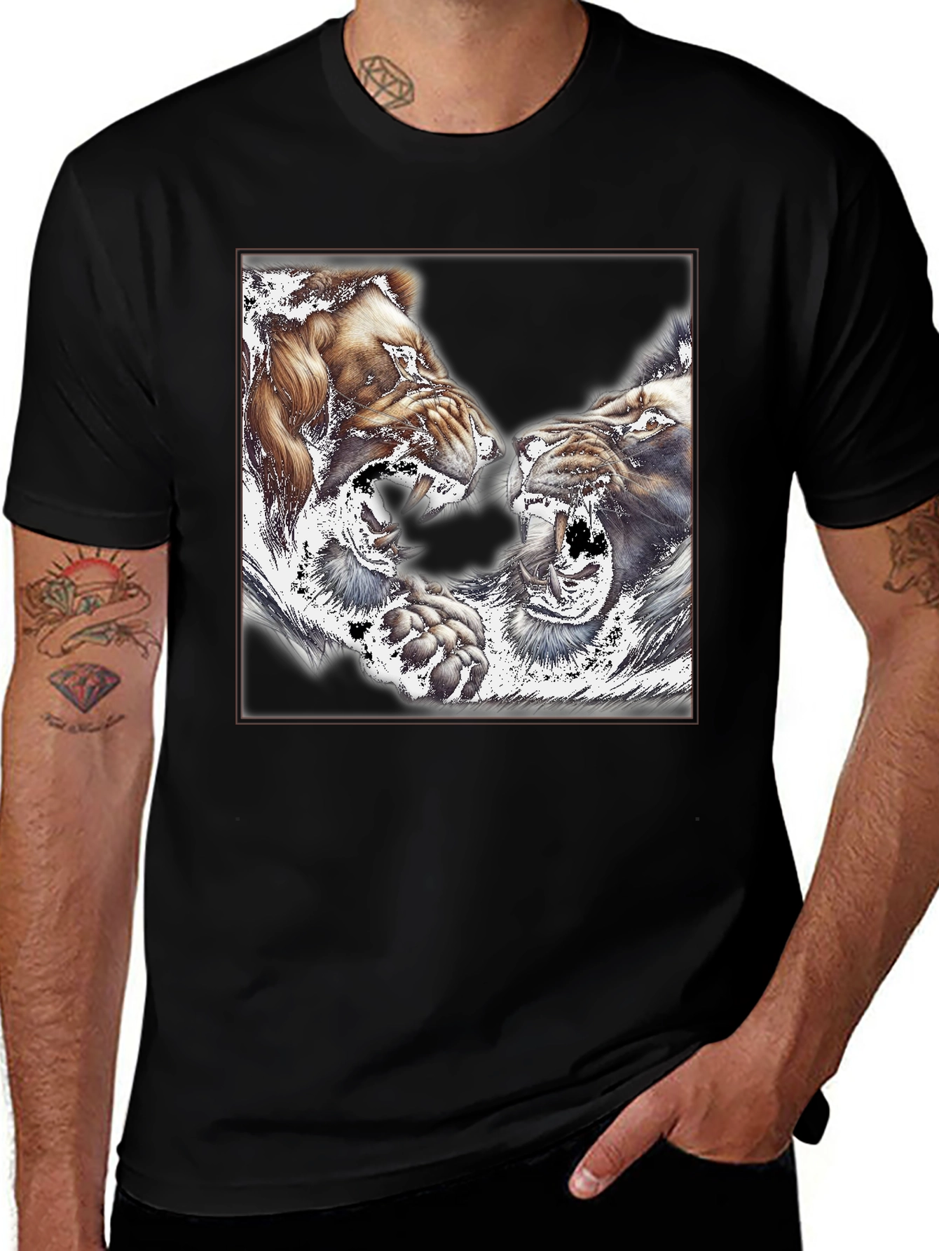 Black Roaring Lions Graphic Print Black T-Shirt main image